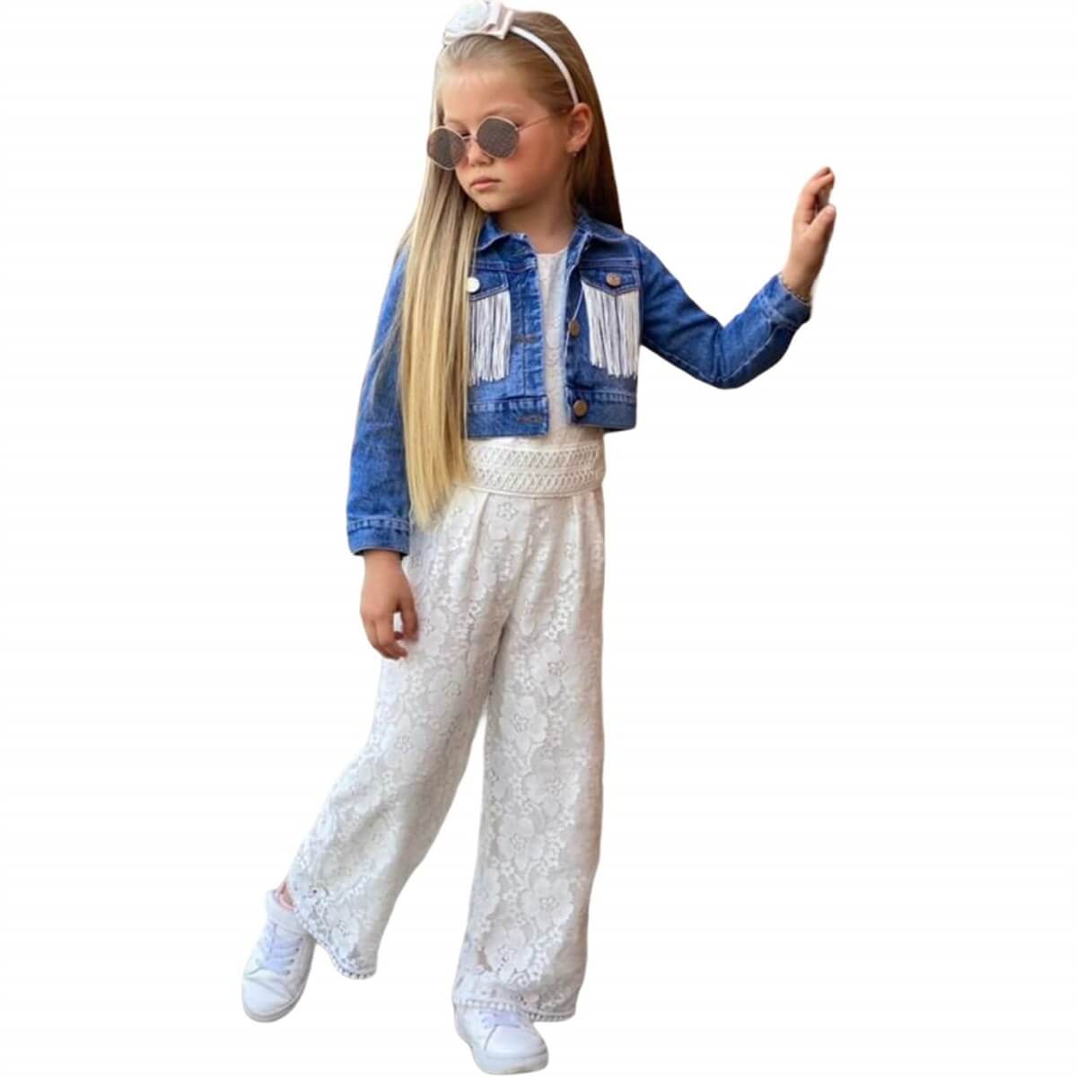 Kız Çocuk Püskül Ceketli Beyaz Tulum Takımı-Kız Çocuk Alt Üst Takım-QuzucukKids.com