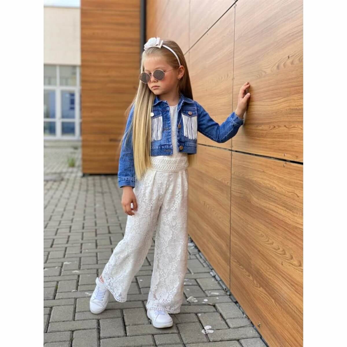 Kız Çocuk Püskül Ceketli Beyaz Tulum Takımı-Kız Çocuk Alt Üst Takım-QuzucukKids.com