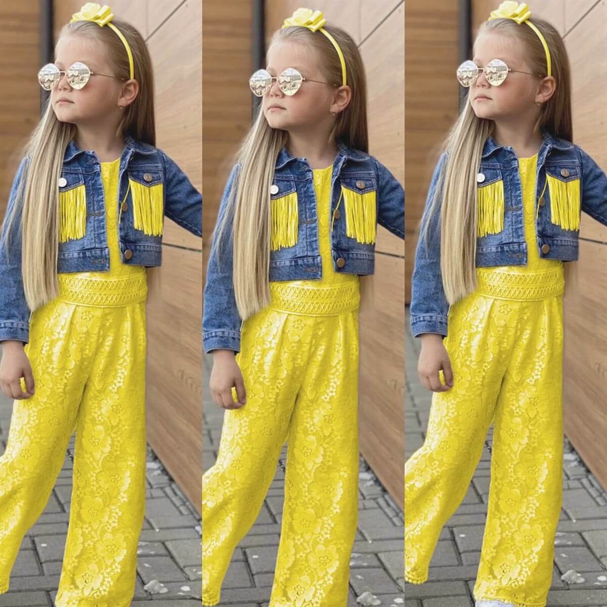 Kız Çocuk Püskül Ceketli Sarı Tulum Takımı-Kız Çocuk Alt Üst Takım-QuzucukKids.com