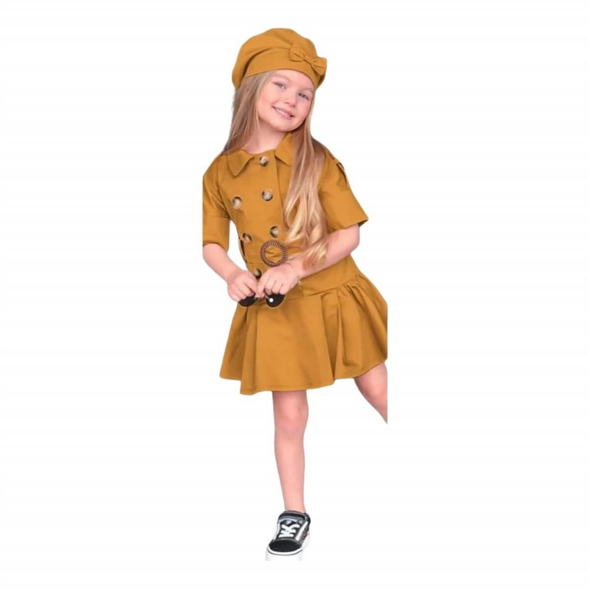 Kız Çocuk Şapkalı Sarı Trenç Elbise-Kız Çocuk Elbise-QuzucukKids.com