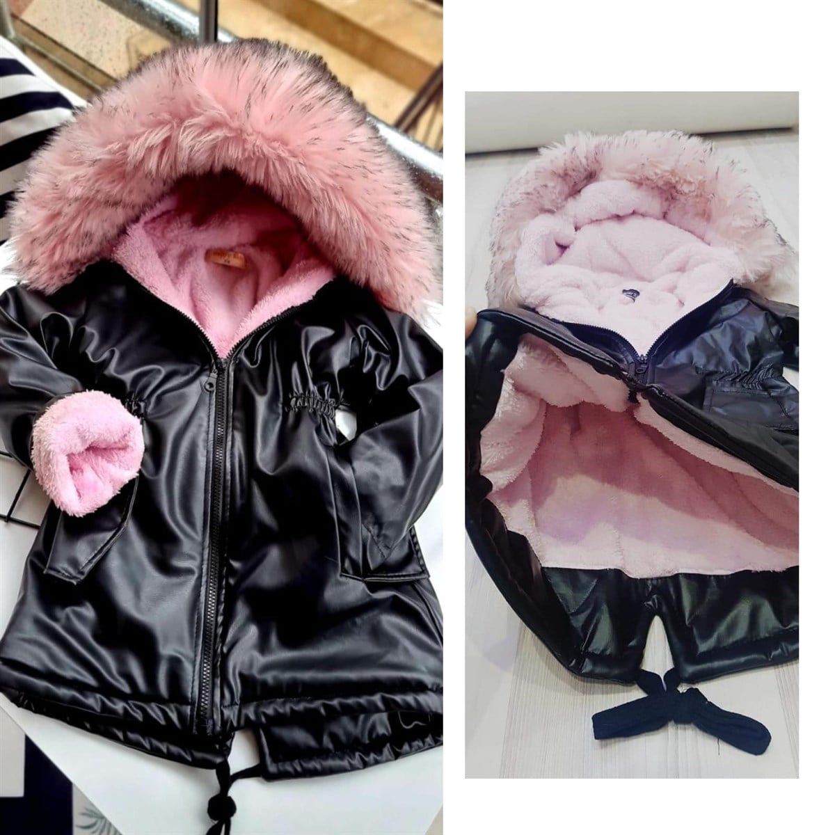 Kız Çocuk Siyah Deri / Peluş Mont-Kız Çocuk Mont-Kız Çocuk Siyah Deri / Peluş Mont | QuzucukKids.com-QuzucukKids.com