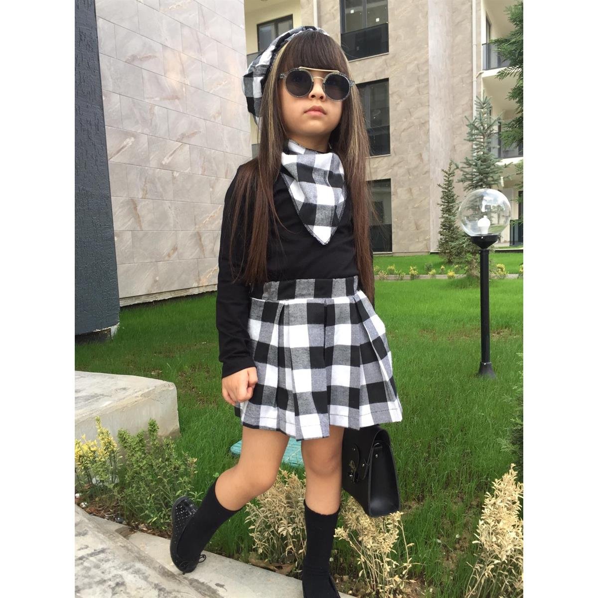 Kız Çocuk Siyah Ekoseli 4'lü Takım-Kız Çocuk Alt Üst Takım-Kız Çocuk Kırmızı Ekoseli 4'lü Takım | QuzucukKids.com-QuzucukKids.com