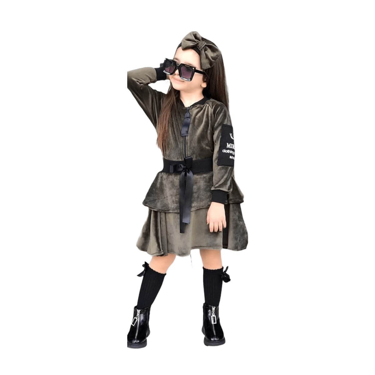 Kız Çocuk Mellow Yeşil Kadife Takım-Kid Girl Cloth Sets-QuzucukKids.com
