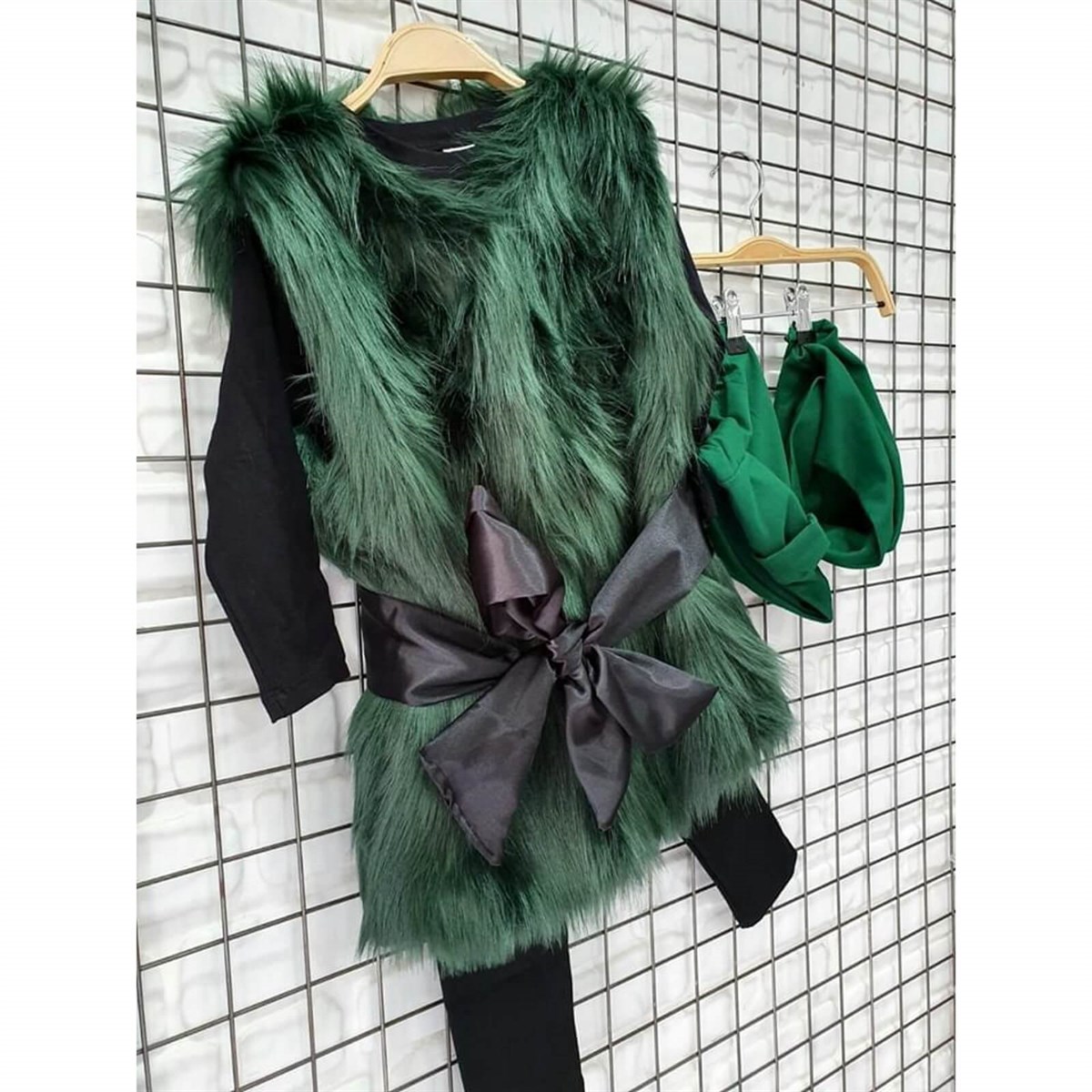 Kız Çocuk Yeşil Kürklü Sonbahar Seti-Kid Girl Cloth Sets-QuzucukKids.com
