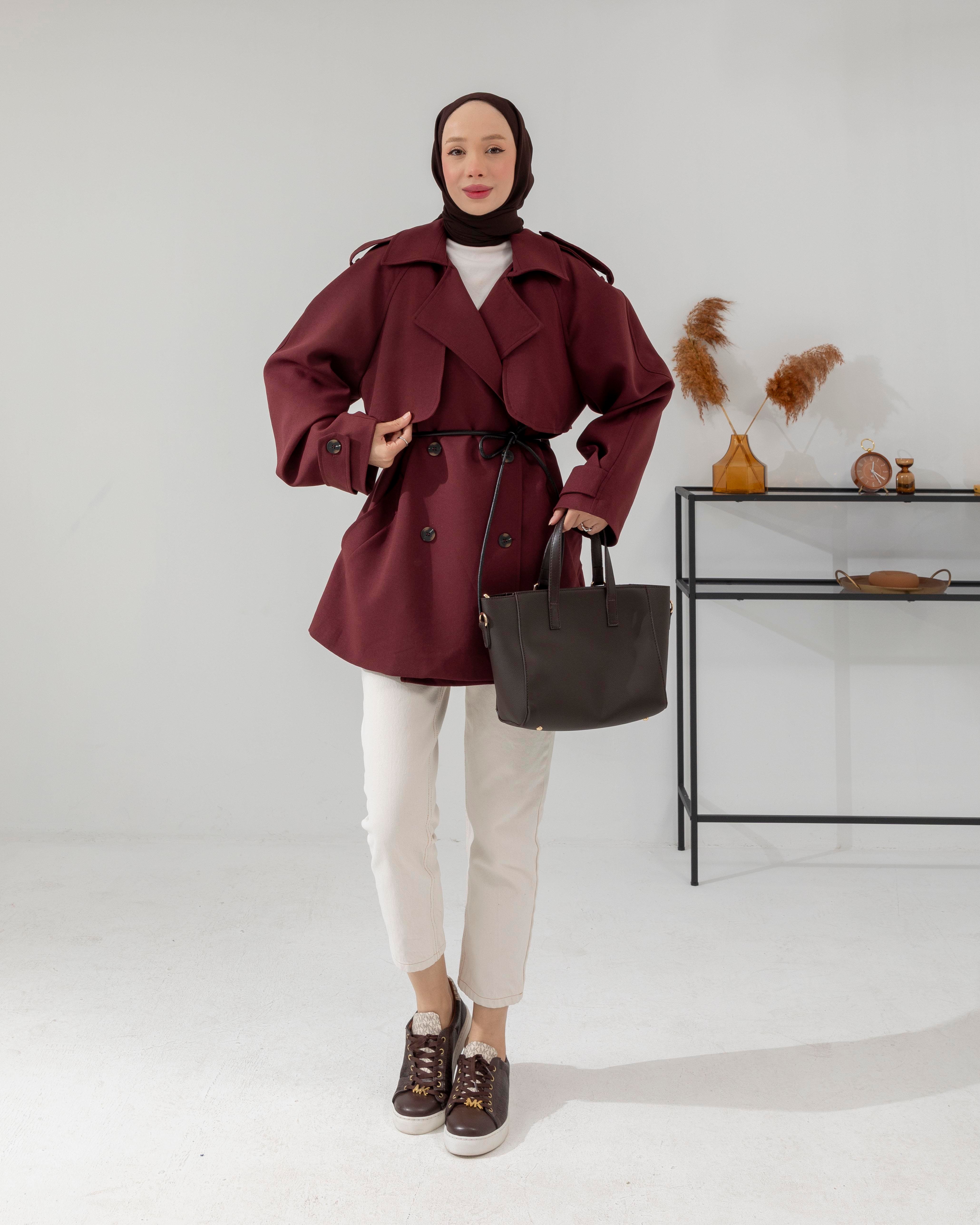 Allerli Bordo Kısa Trençkot