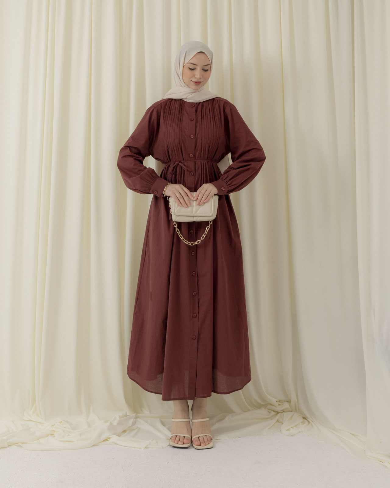 Allerli Boydan Düğmeli Bordo Elbise