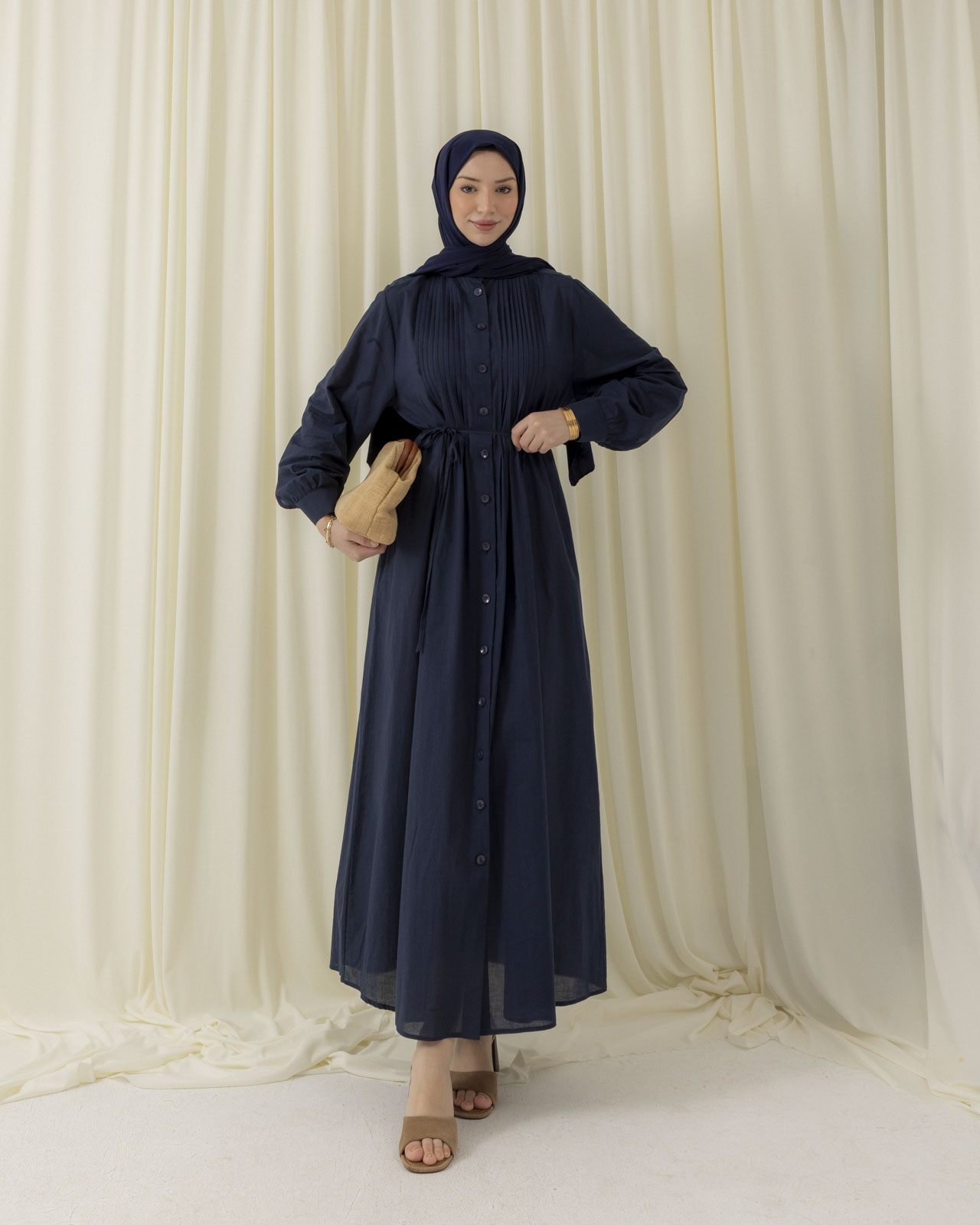 Allerli Boydan Düğmeli Lacivert Elbise