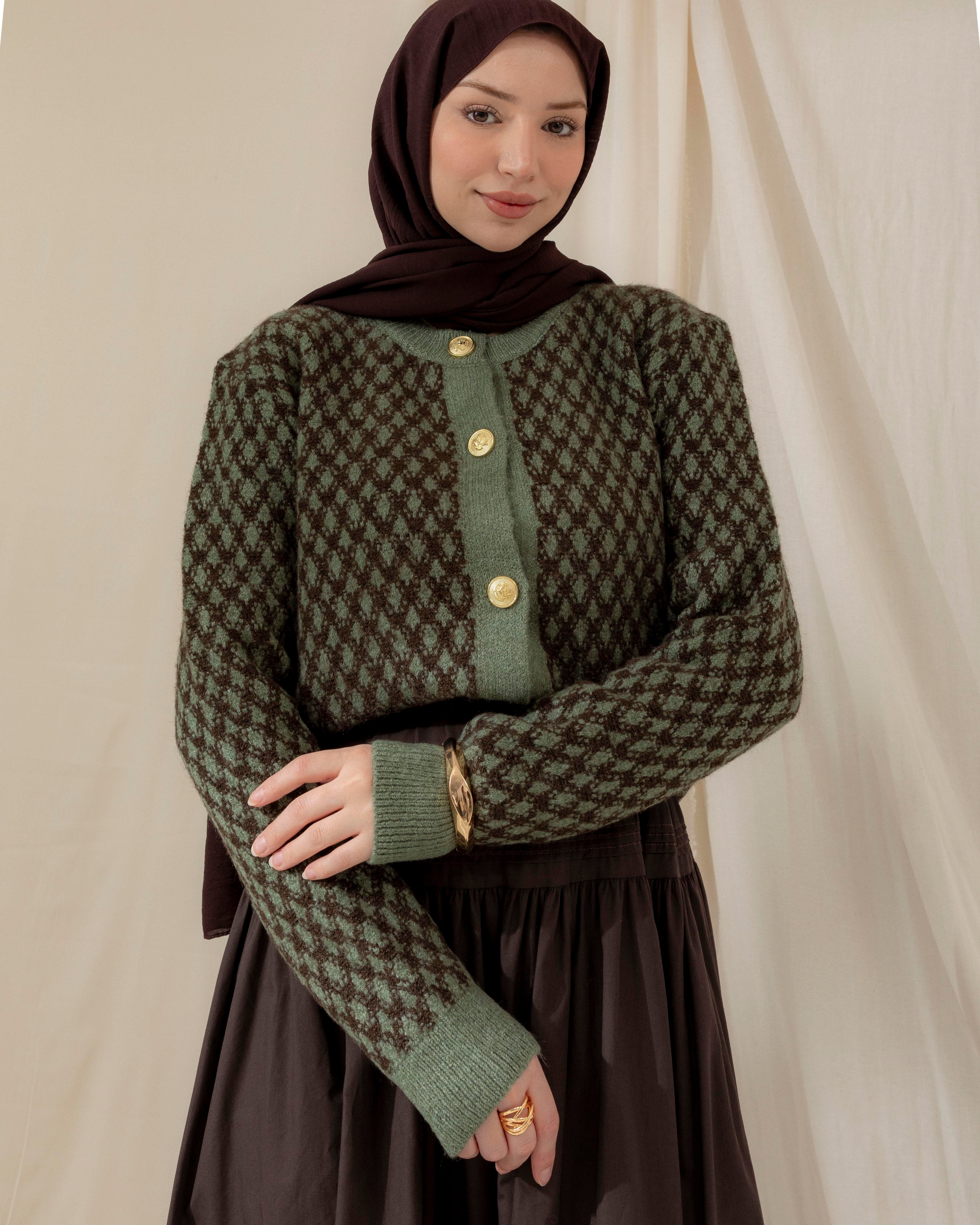 Baklava Desen Yeşil Triko Hırka