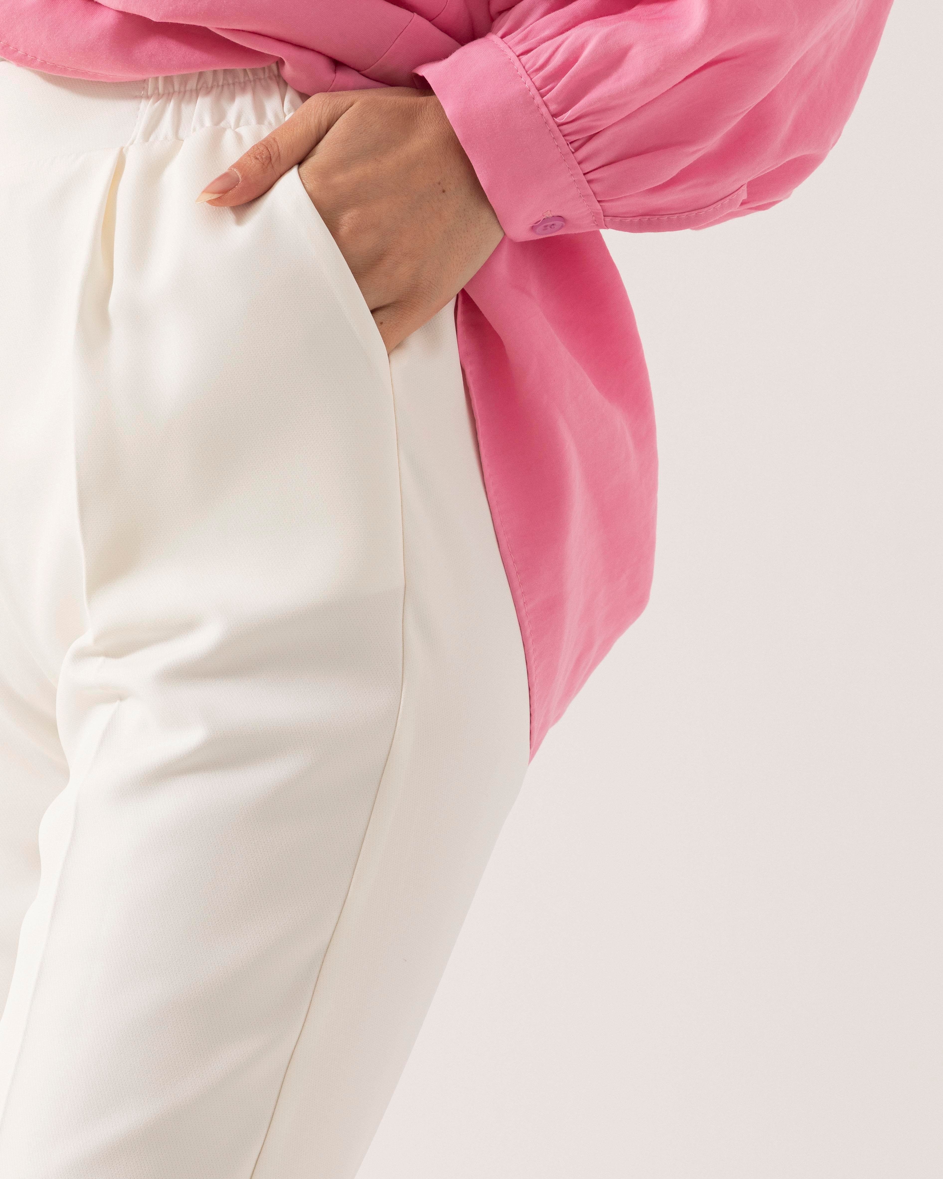 Beli Lastikli Beyaz Pantolon