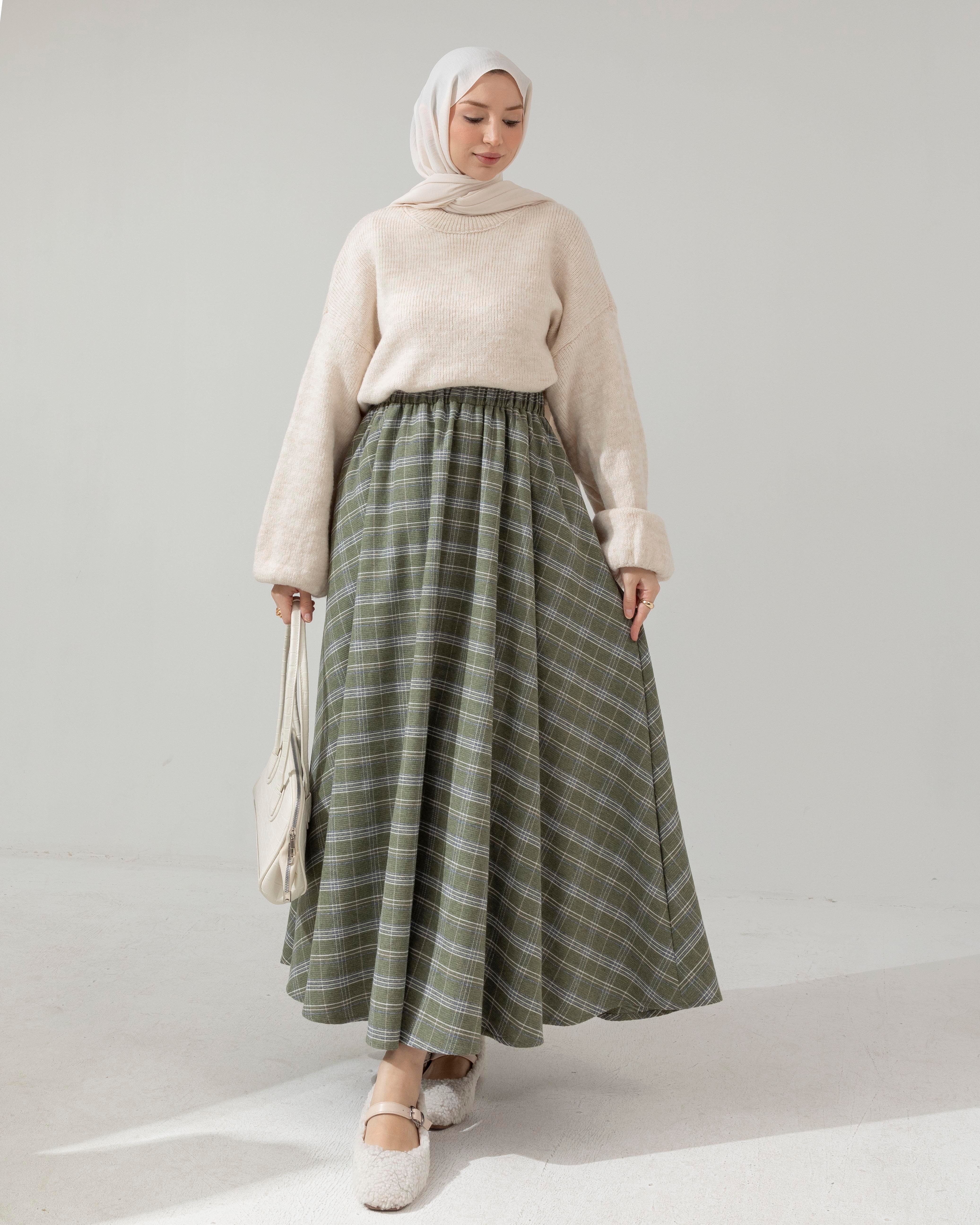 Beli Lastikli Ekoseli Mint Yeşili Etek