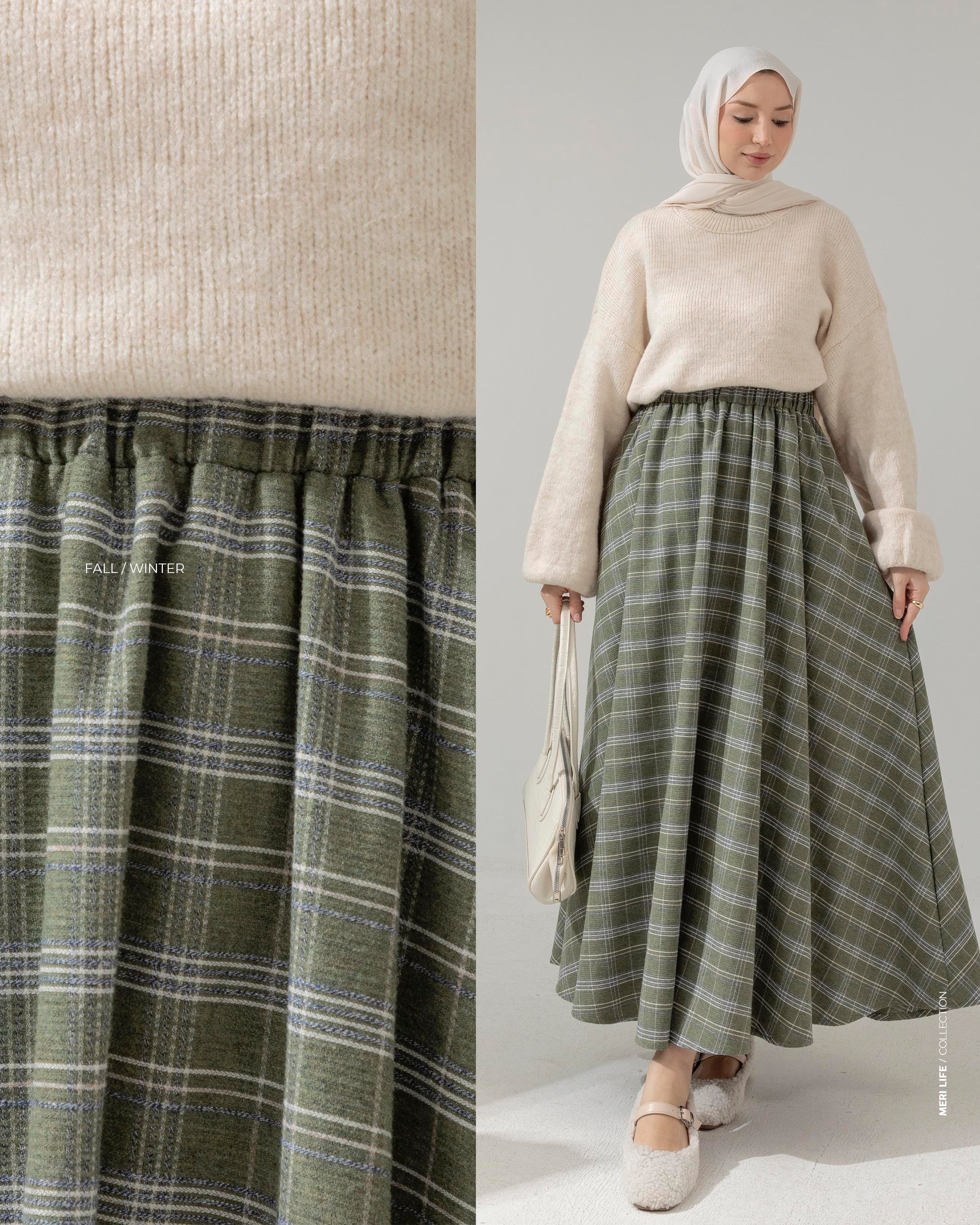 Beli Lastikli Ekoseli Mint Yeşili Etek