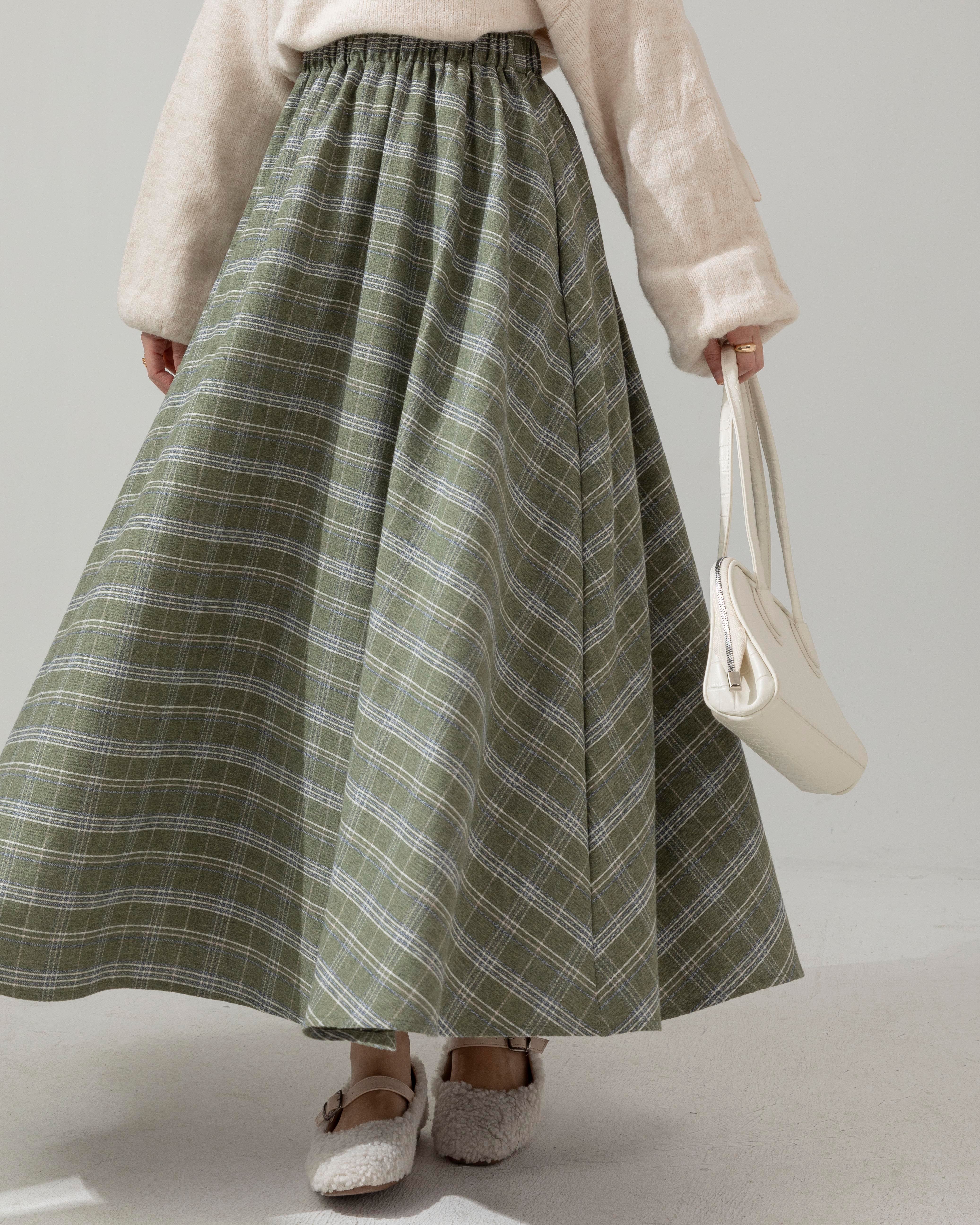 Beli Lastikli Ekoseli Mint Yeşili Etek