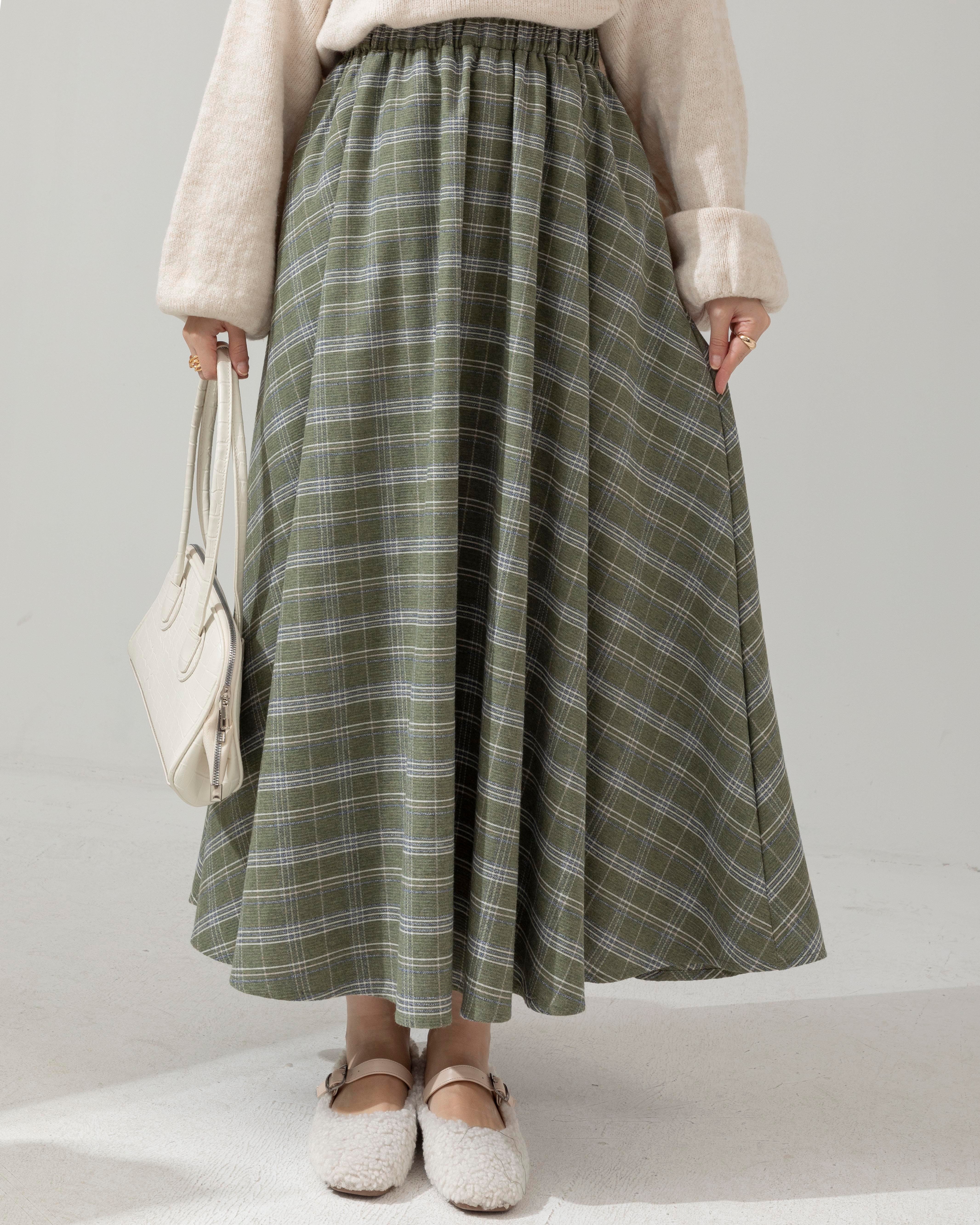 Beli Lastikli Ekoseli Mint Yeşili Etek