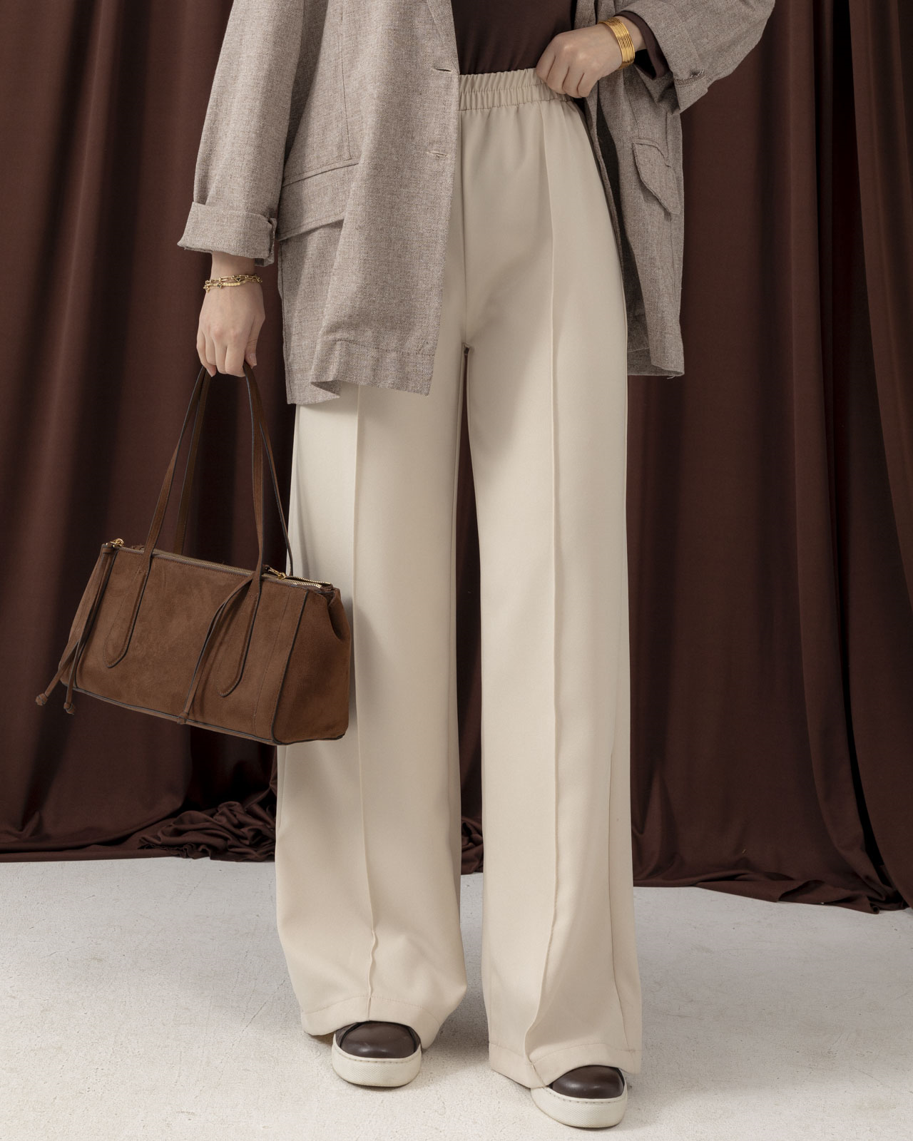 Beli Lastikli Krem Pantolon