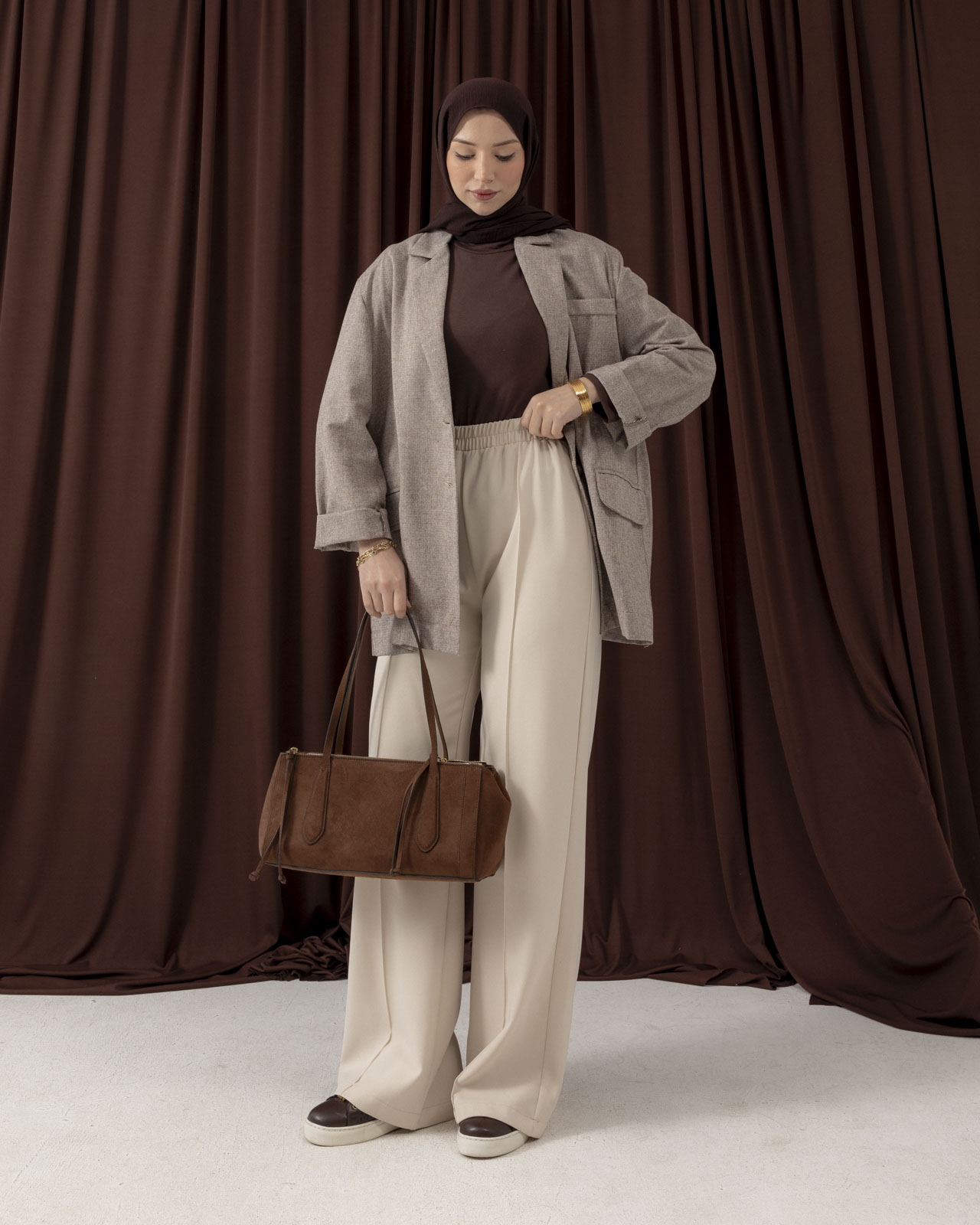 Beli Lastikli Krem Pantolon