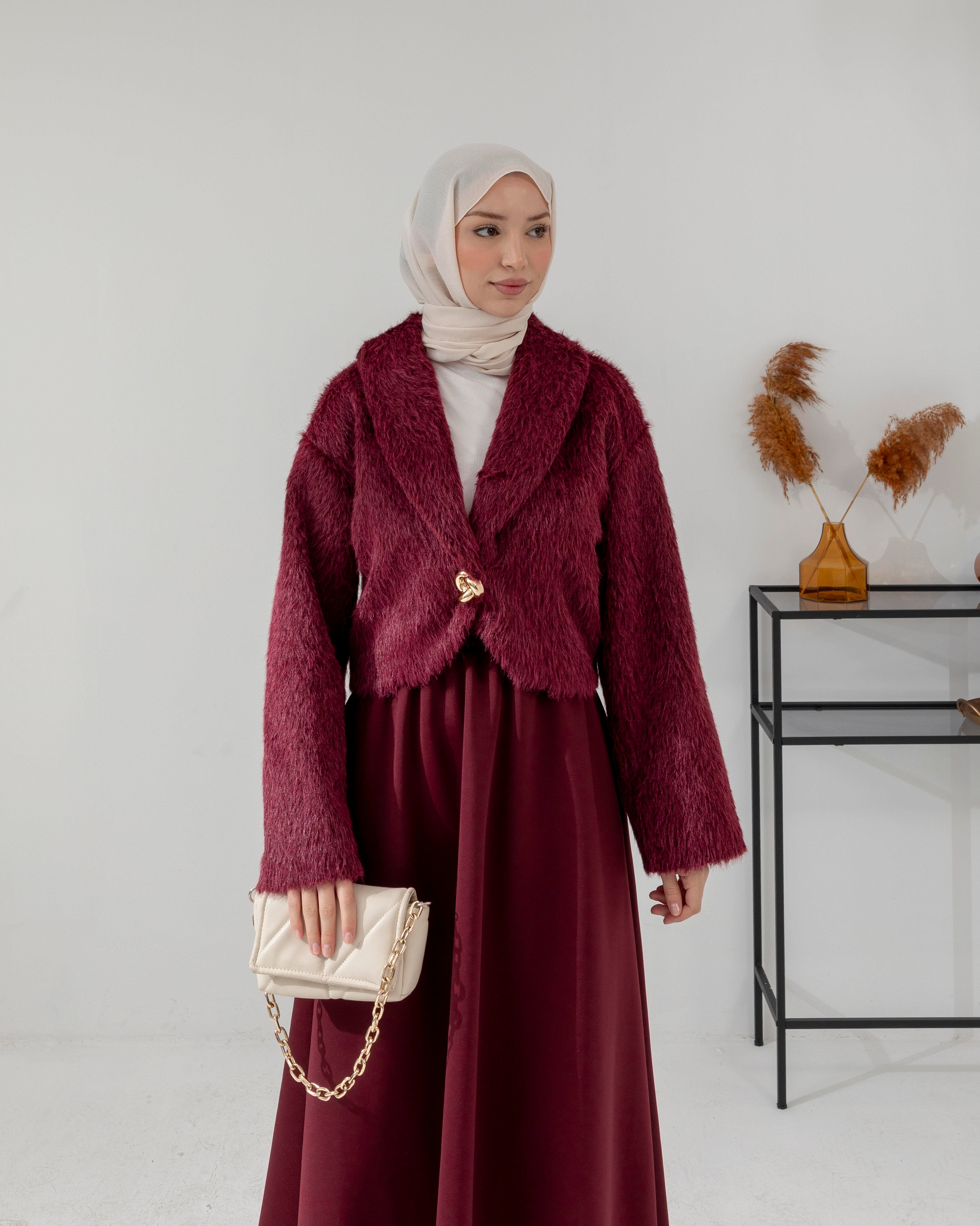 Bordo Kısa Peluş Ceket