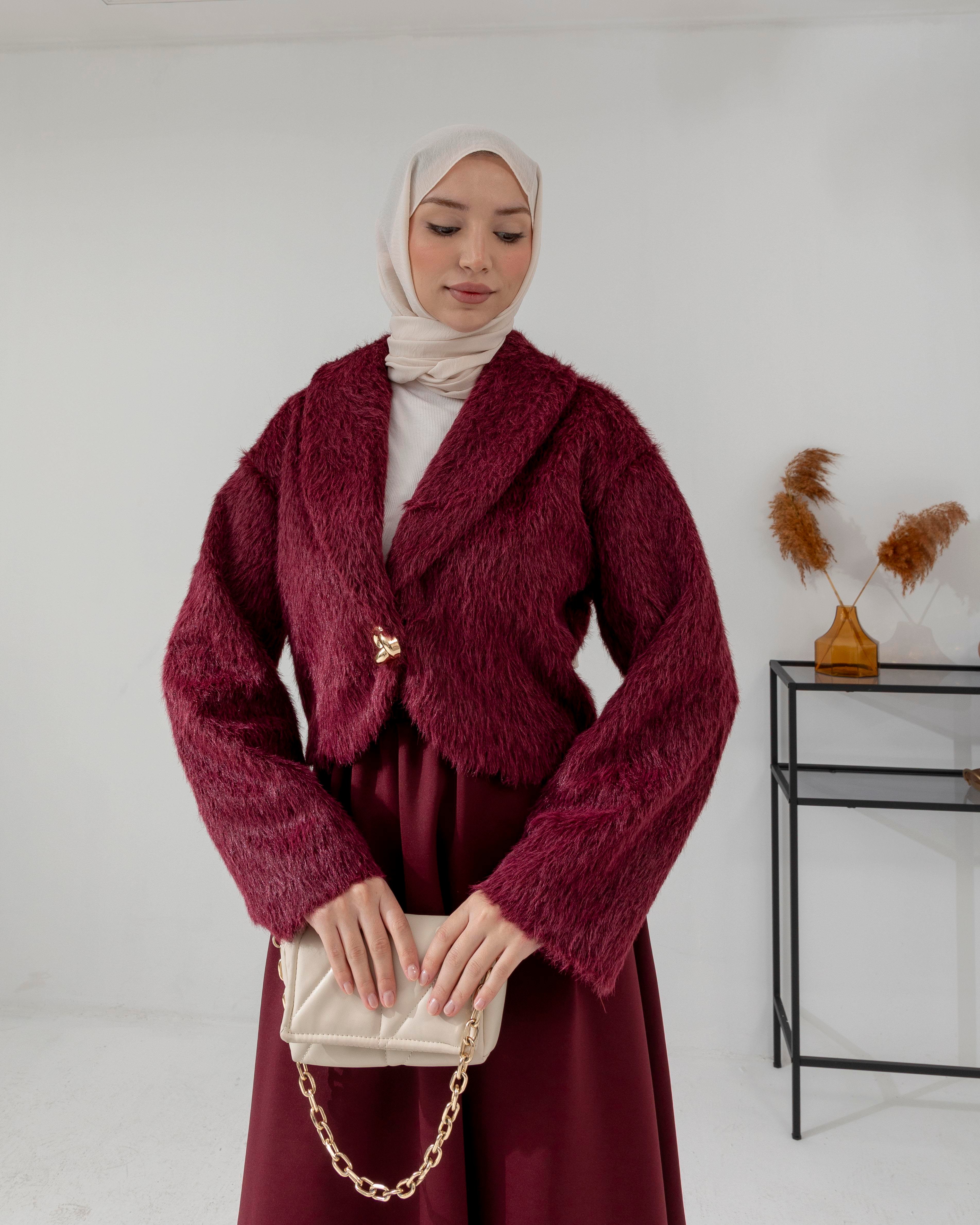 Bordo Kısa Peluş Ceket