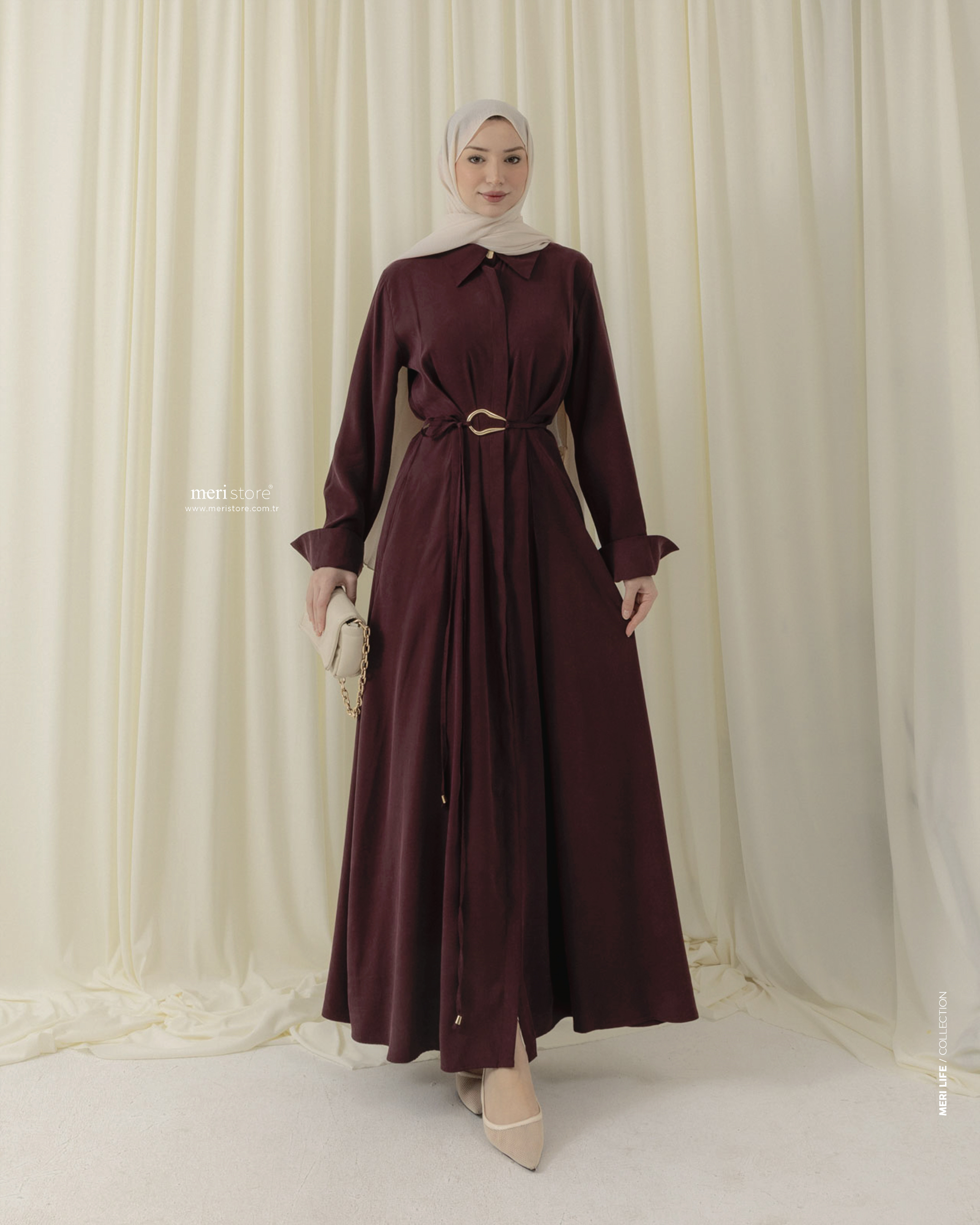 Boydan Düğmeli Pileli Bordo Elbise