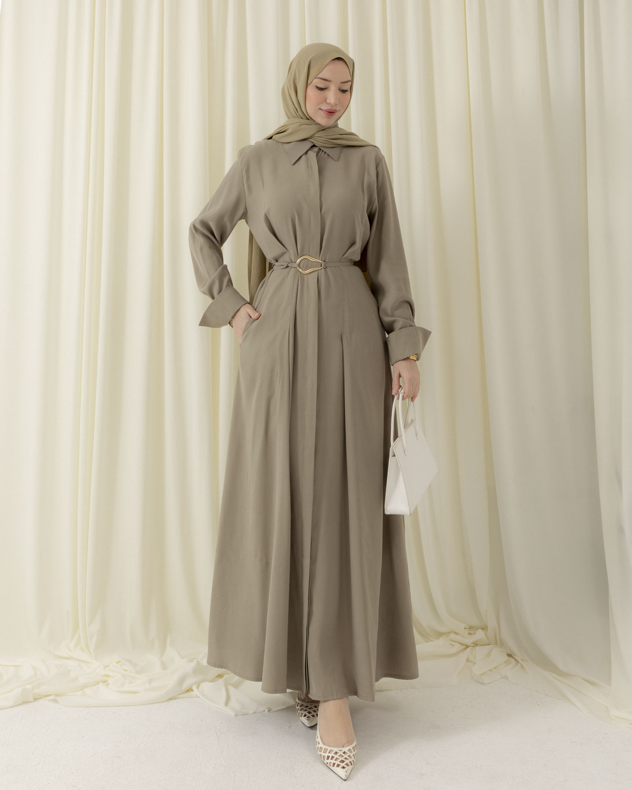 Boydan Düğmeli Pileli Haki Elbise