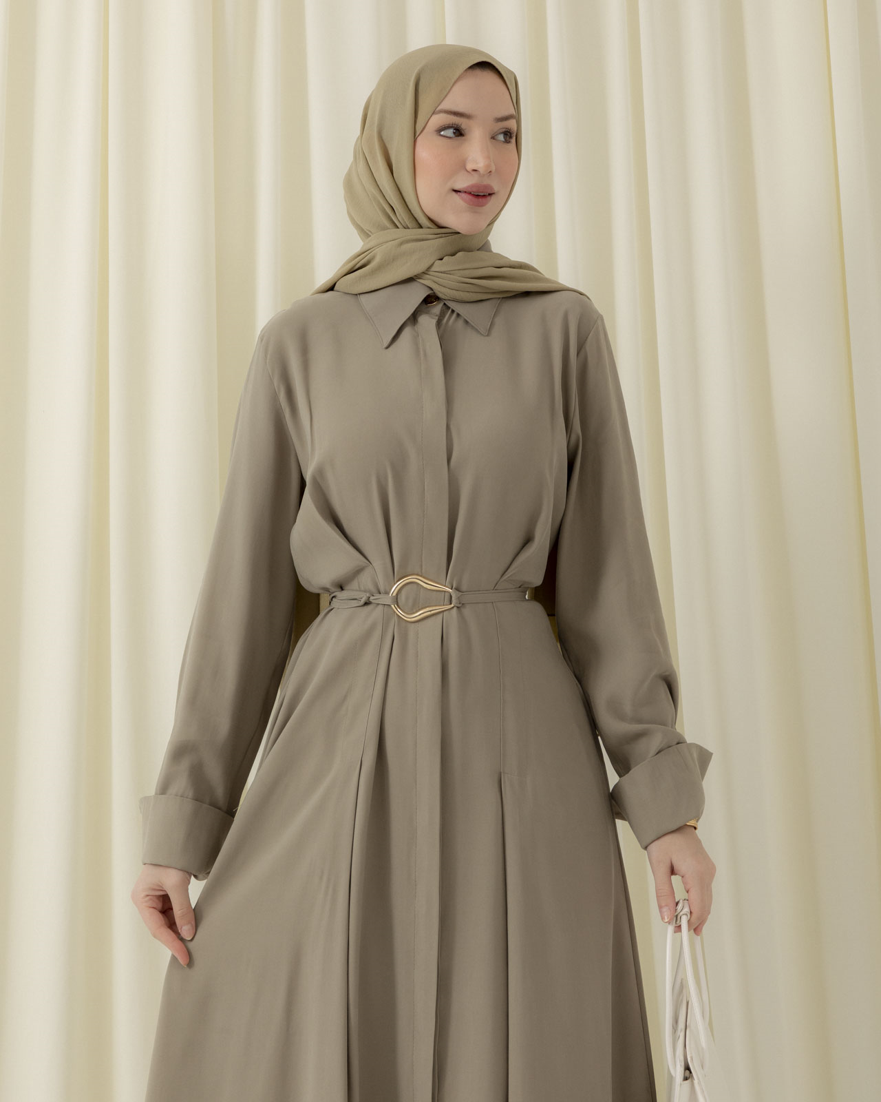 Boydan Düğmeli Pileli Haki Elbise