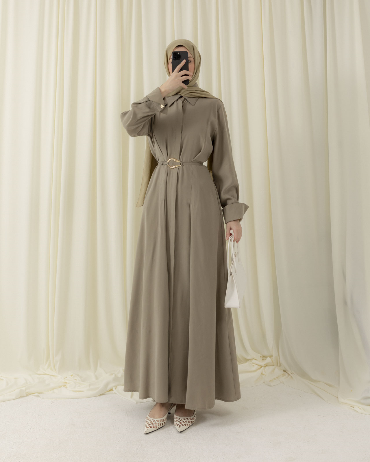 Boydan Düğmeli Pileli Haki Elbise