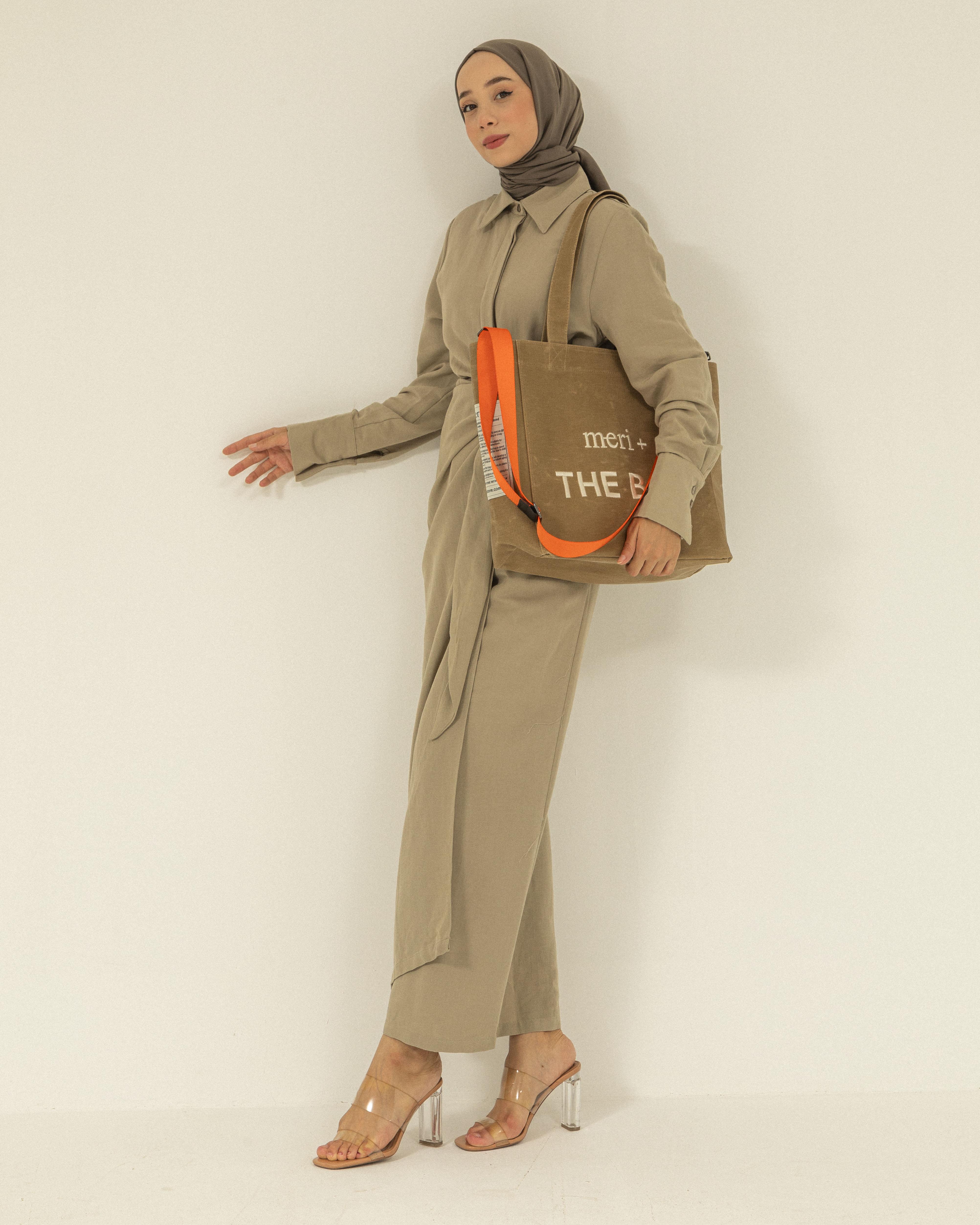 Büyük Boy Bej Kanvas Çanta-Turuncu Kayış