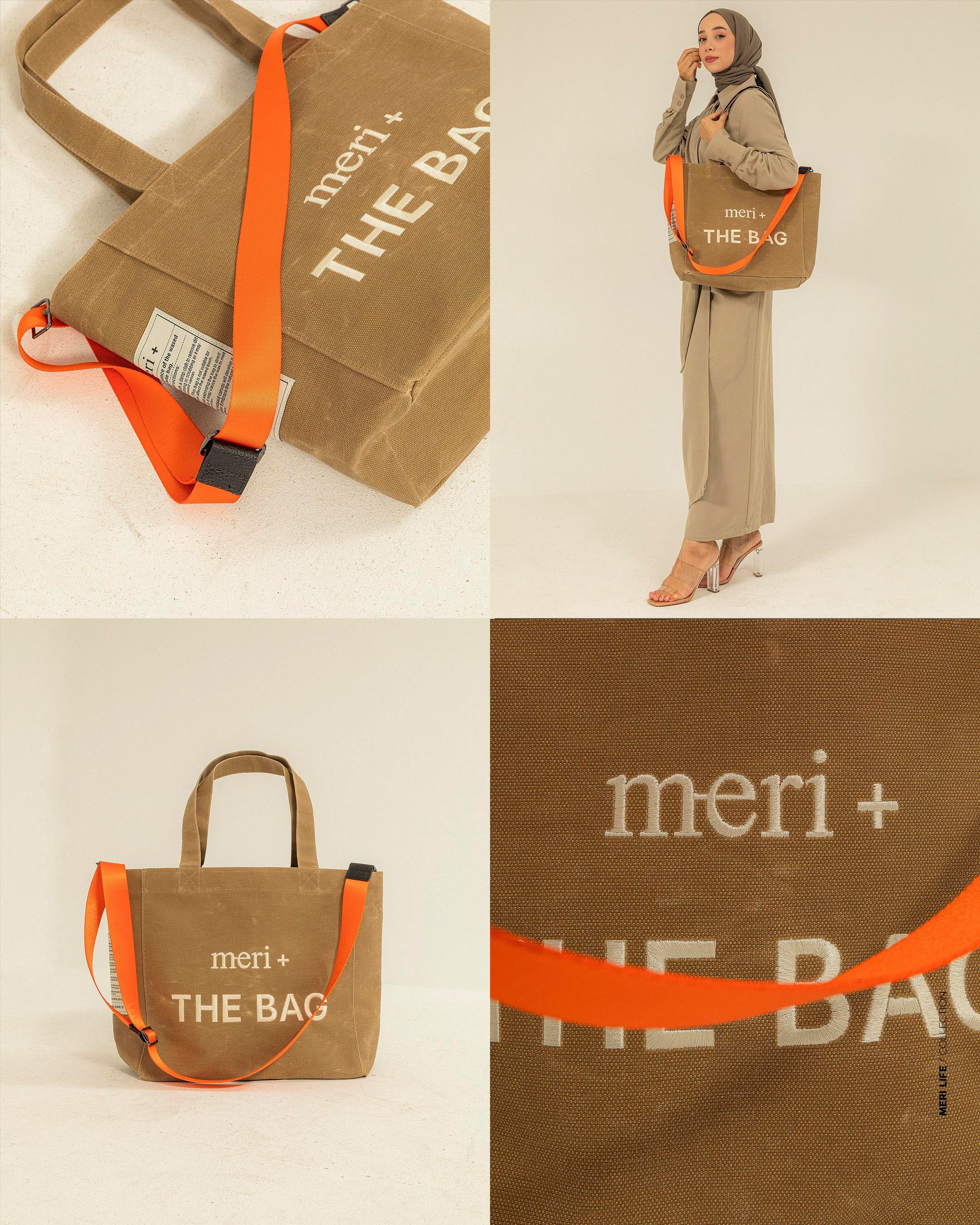 Büyük Boy Bej Kanvas Çanta-Turuncu Kayış