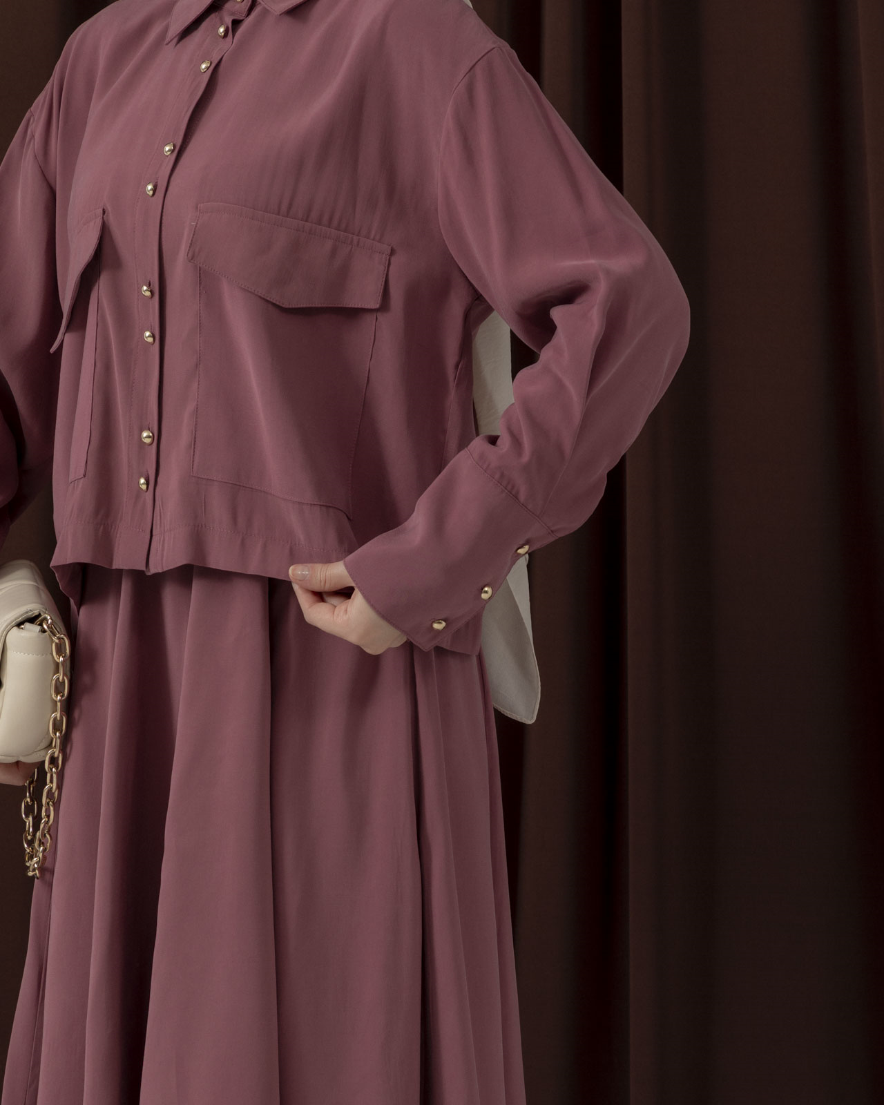 Cep Detaylı Etekli Gül Kurusu Takım