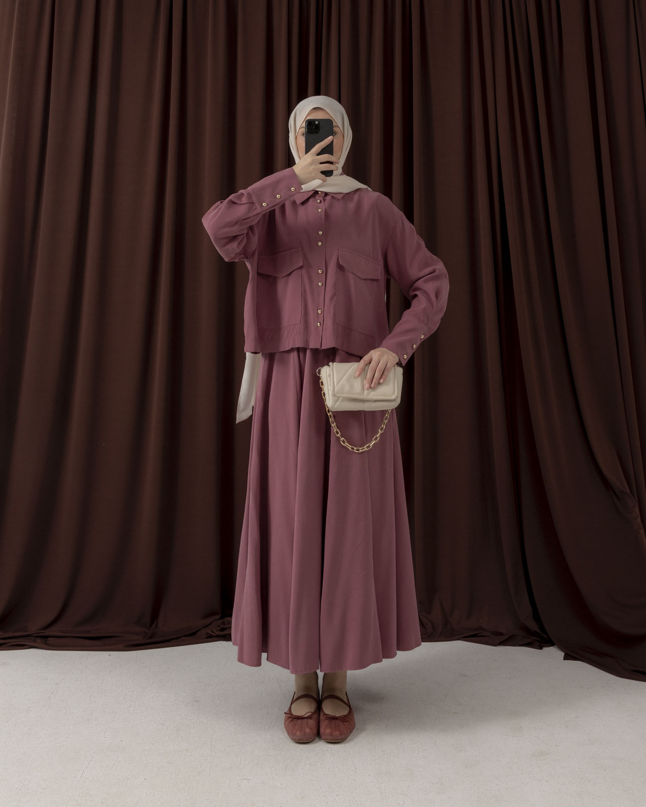 Cep Detaylı Etekli Gül Kurusu Takım