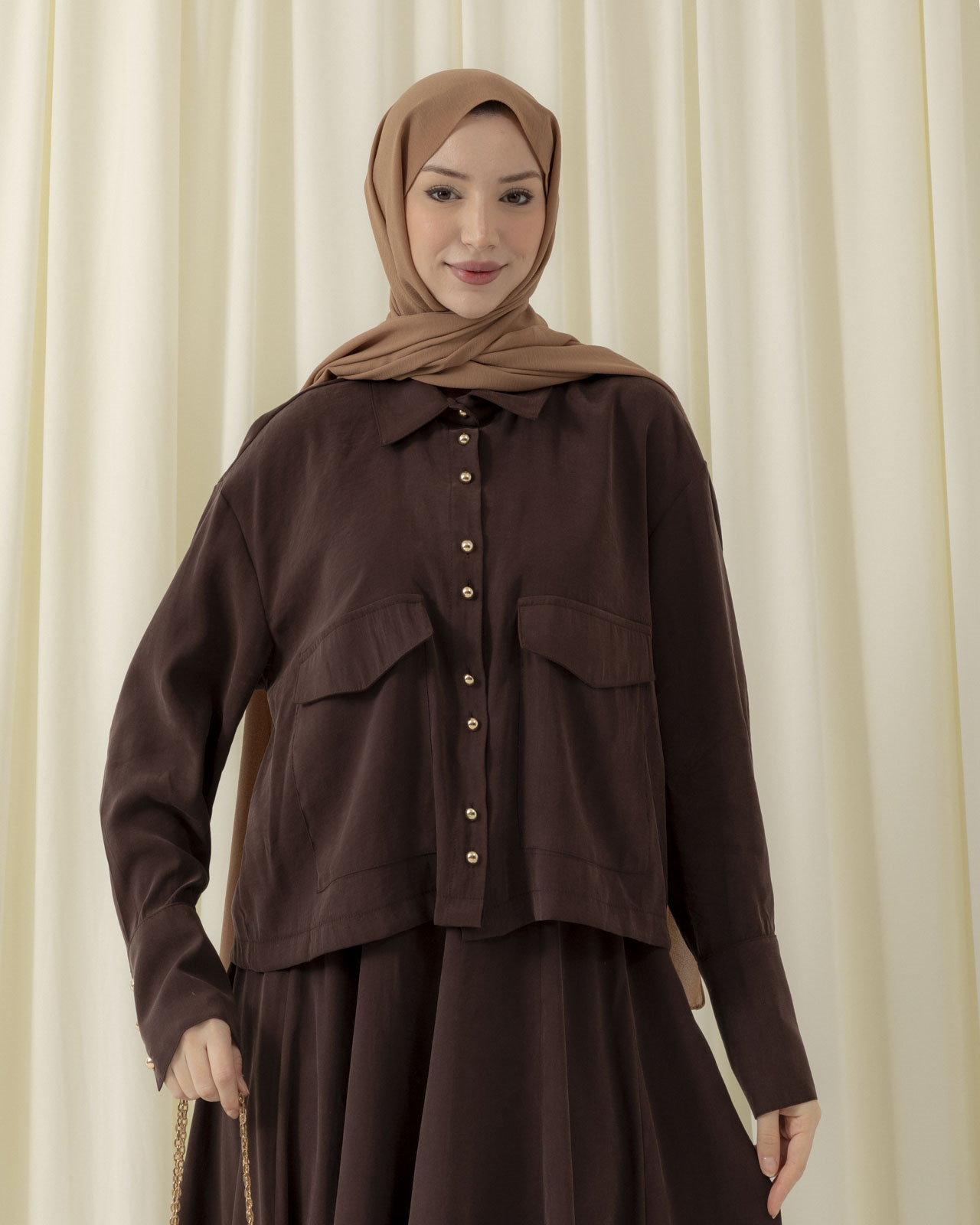 Cep Detaylı Etekli Kahve Takım