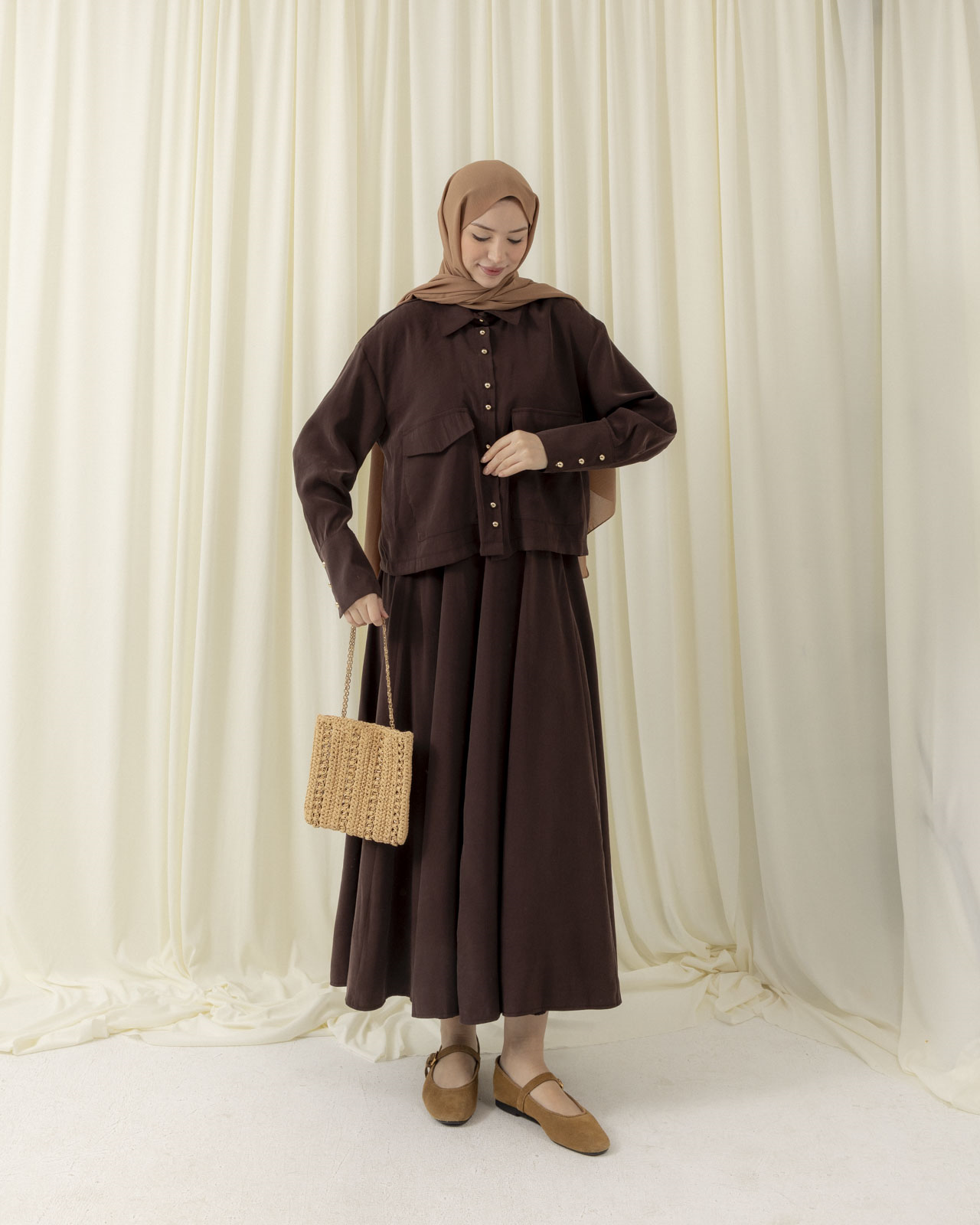 Cep Detaylı Etekli Kahve Takım