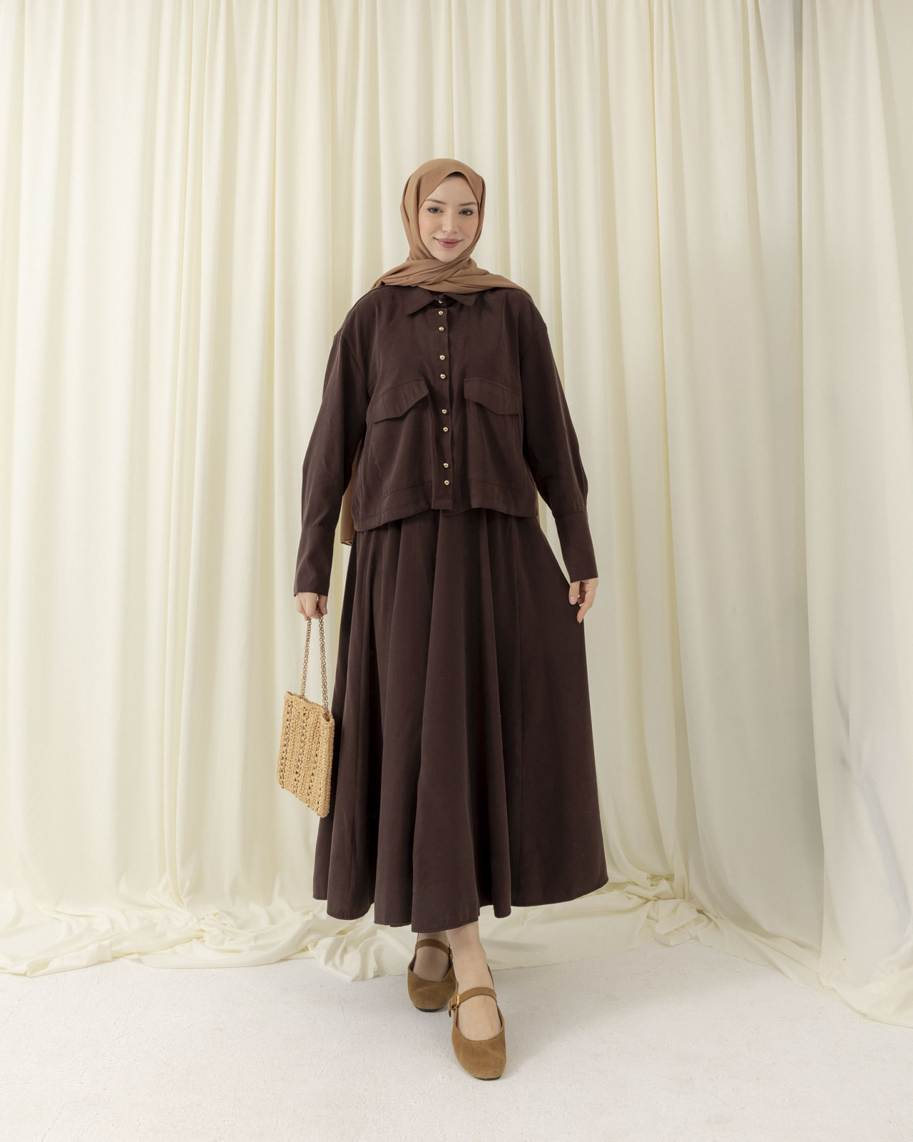 Cep Detaylı Etekli Kahve Takım