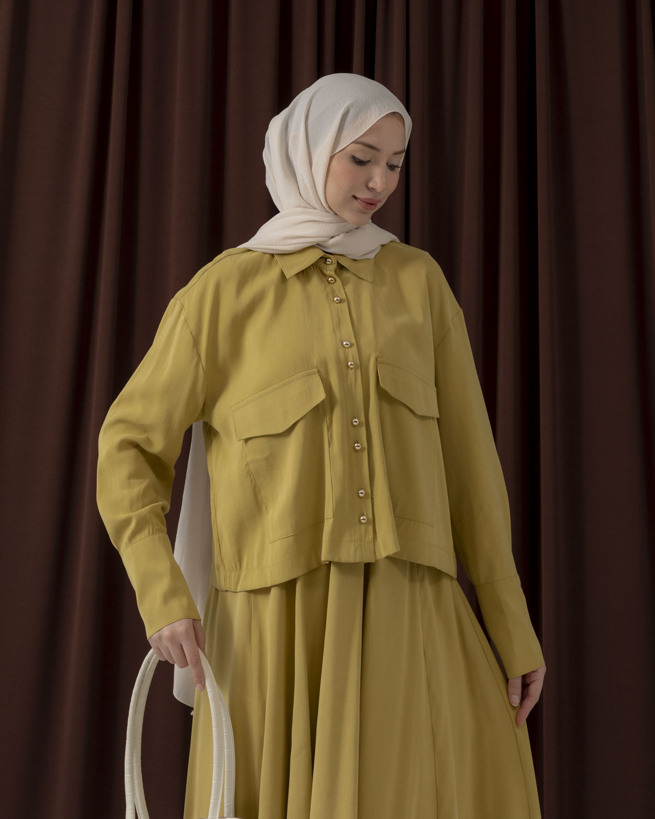 Cep Detaylı Etekli Zeytin Rengi Takım