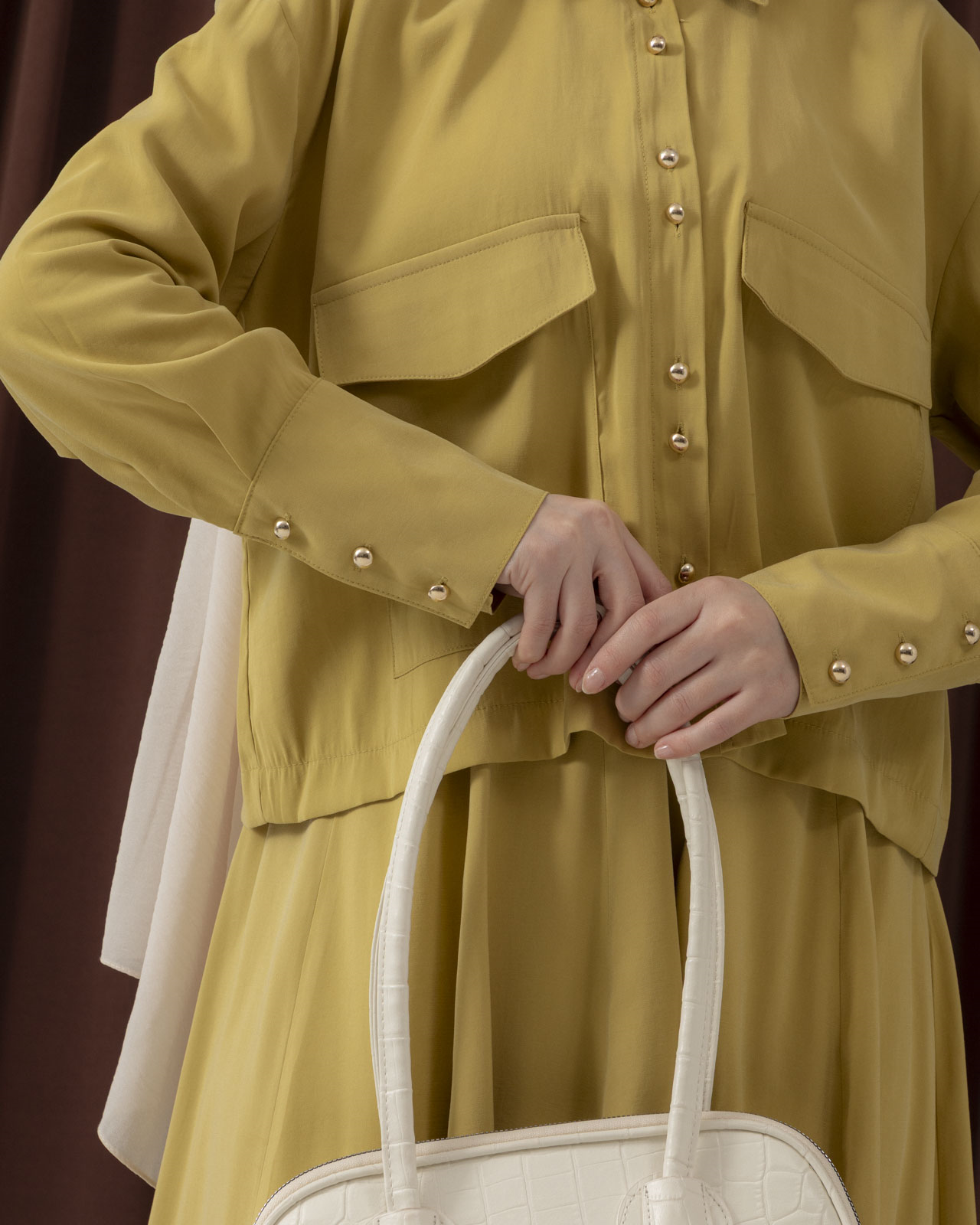 Cep Detaylı Etekli Zeytin Rengi Takım