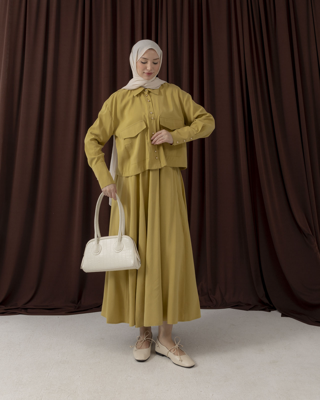 Cep Detaylı Etekli Zeytin Rengi Takım