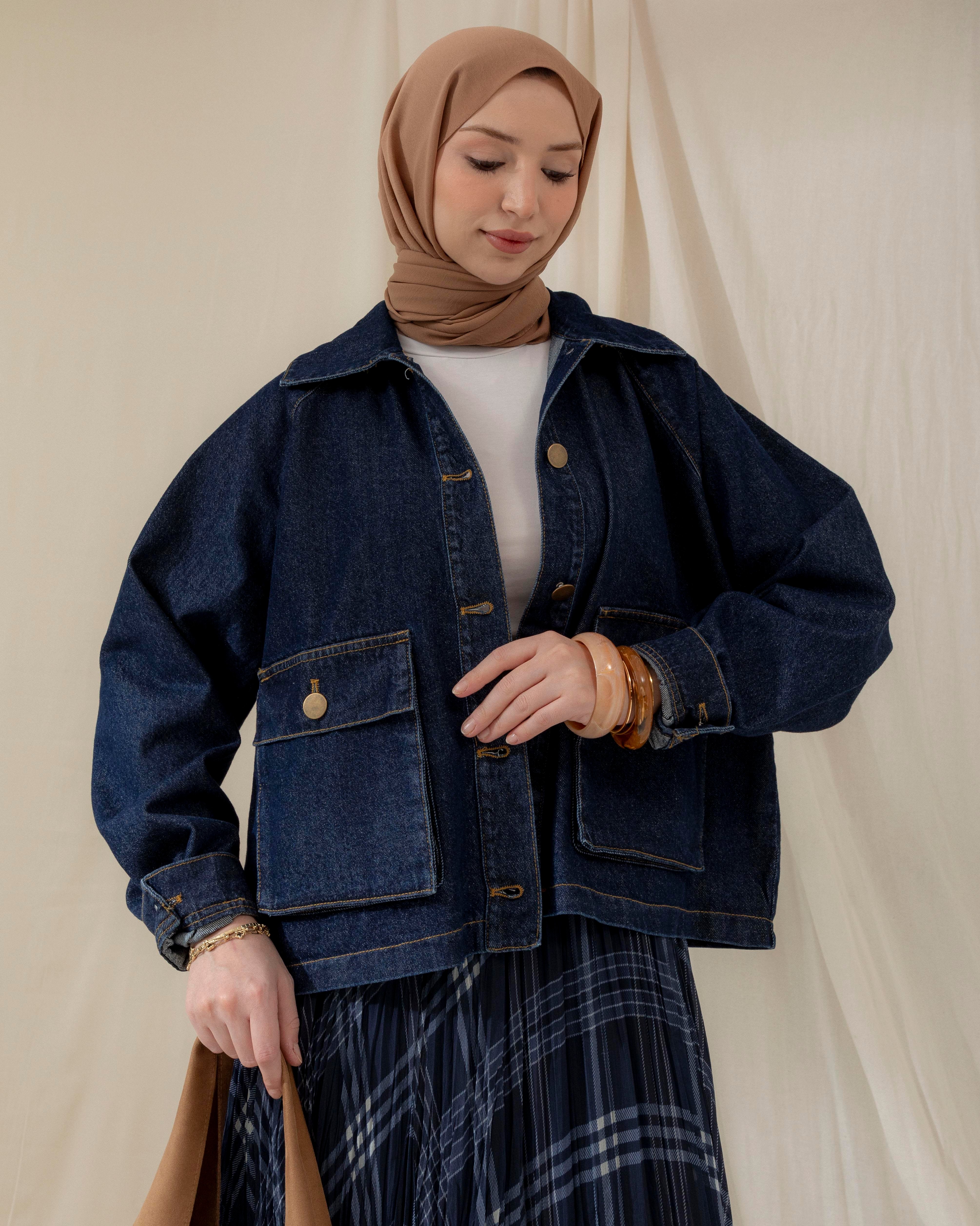 Cep Detaylı Lacivert Denim Ceket