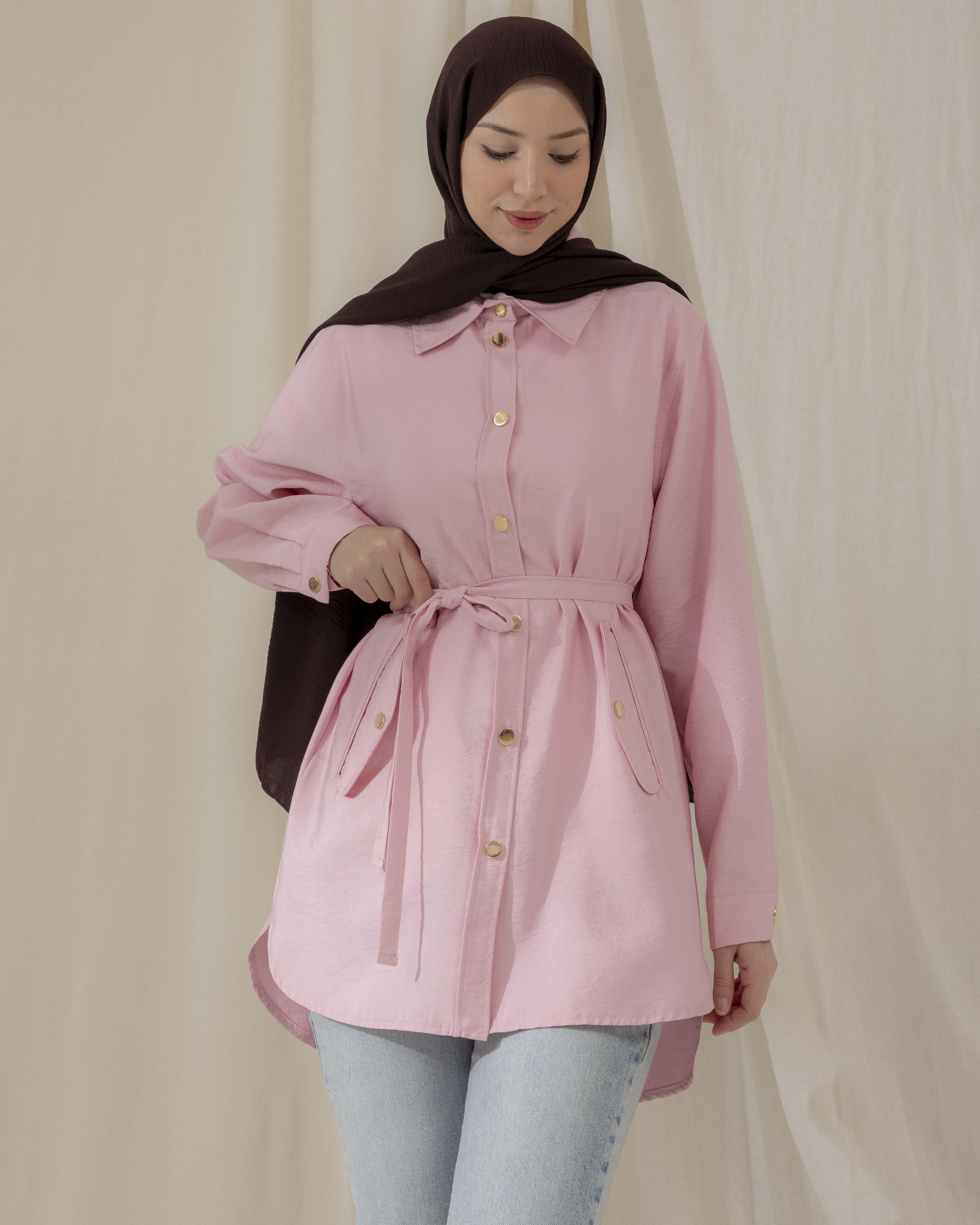 Cep Detaylı Pembe Gömlek