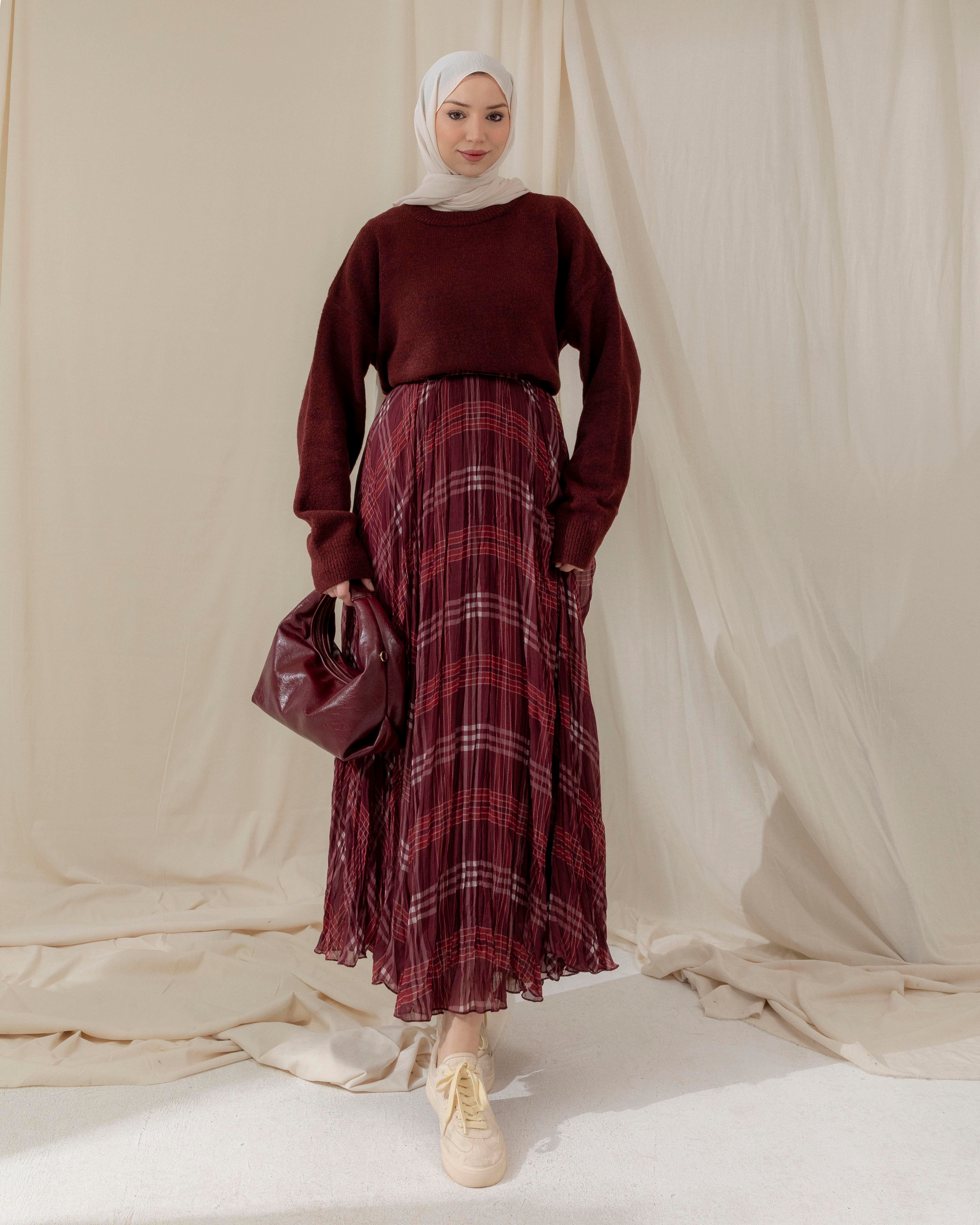 Çizgi Desenli Bordo Şifon Etek