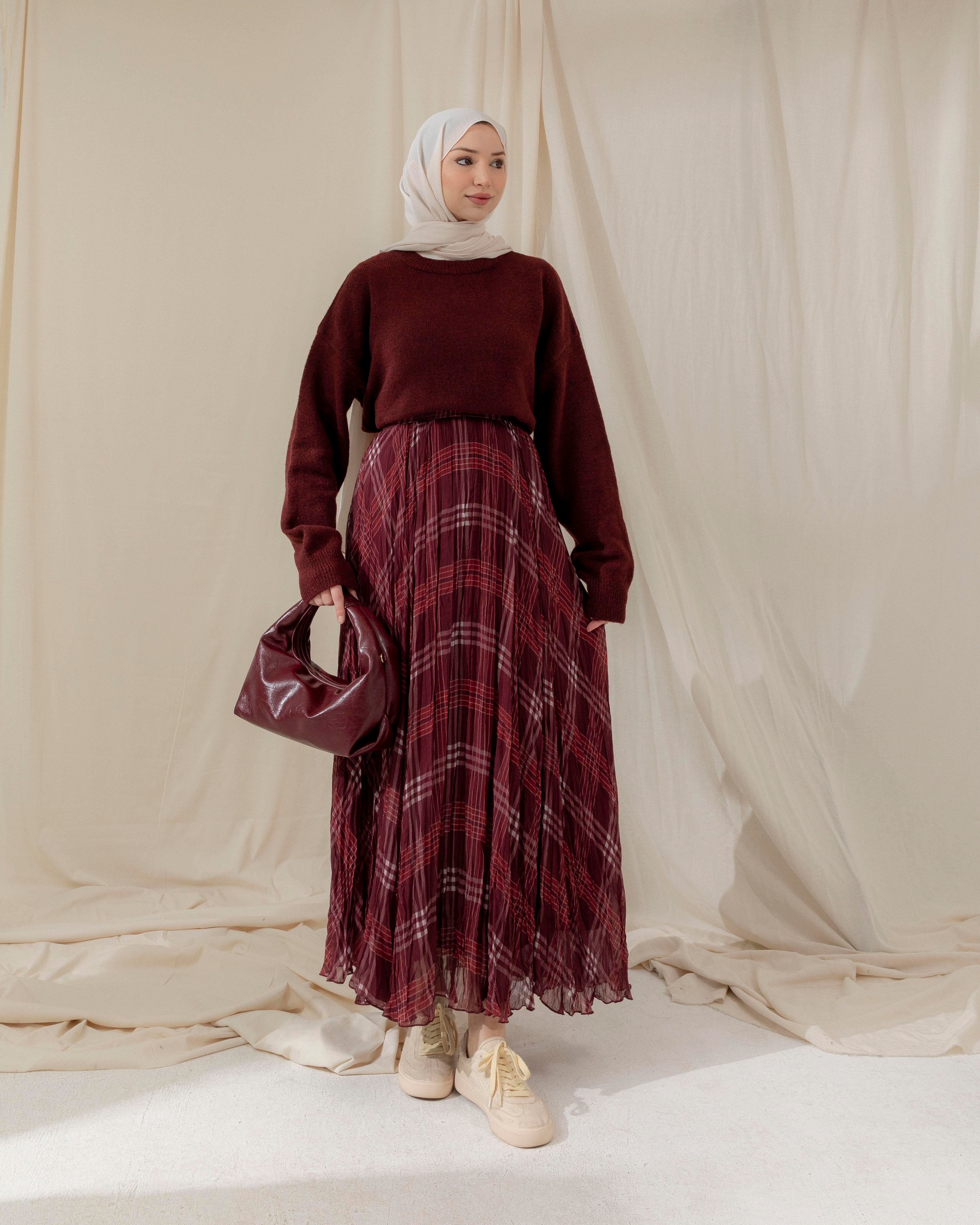 Çizgi Desenli Bordo Şifon Etek