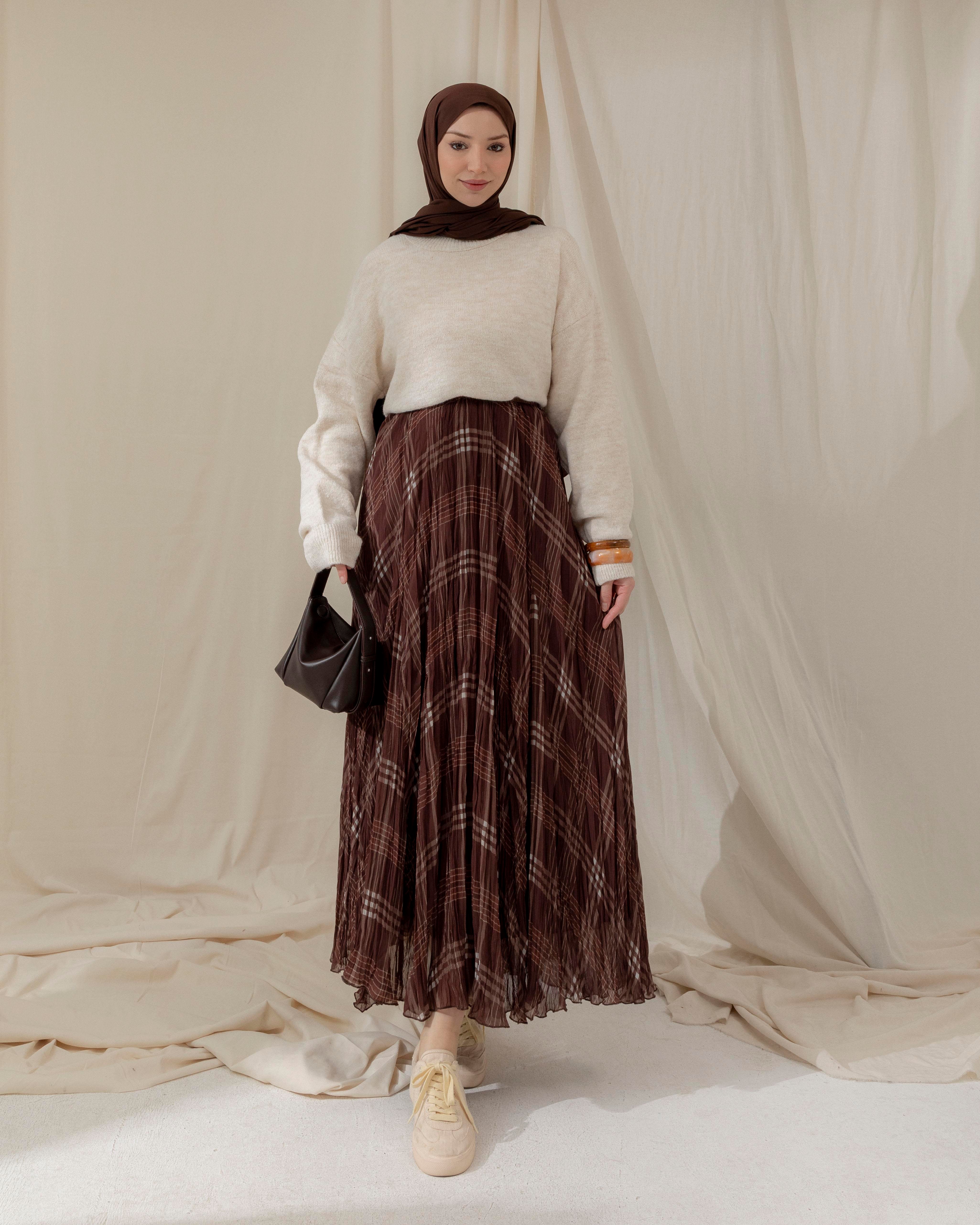 Çizgi Desenli Kahve Şifon Etek