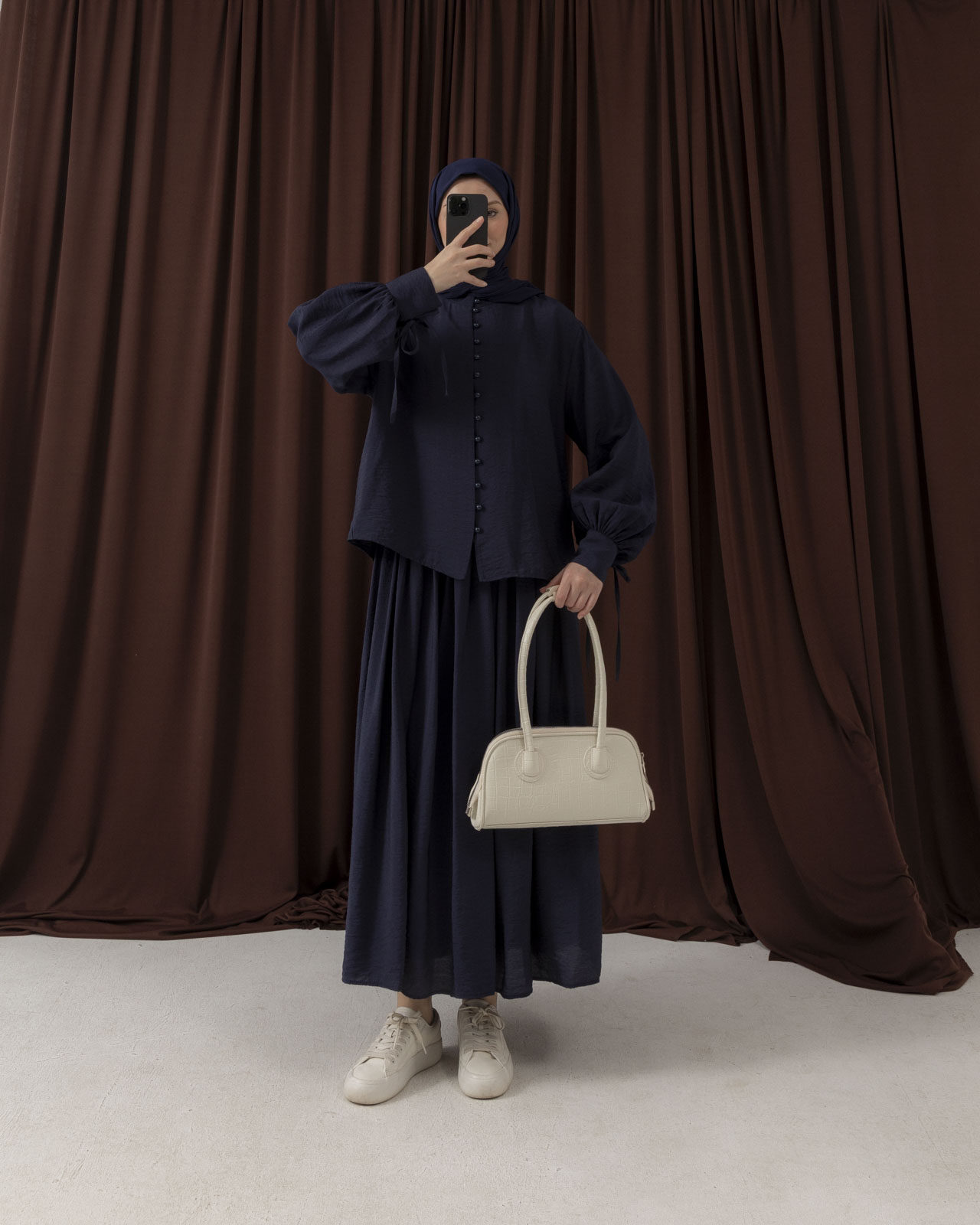 Düğme Detaylı Lacivert Etekli Takım