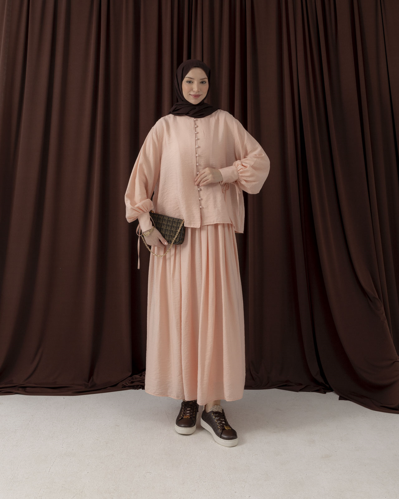 Düğme Detaylı Pembe Etekli Takım