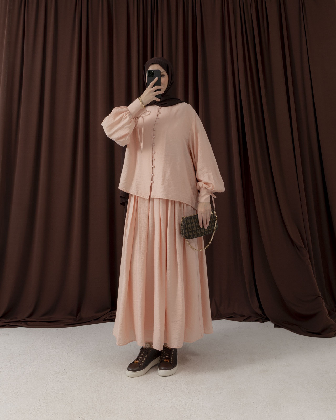 Düğme Detaylı Pembe Etekli Takım