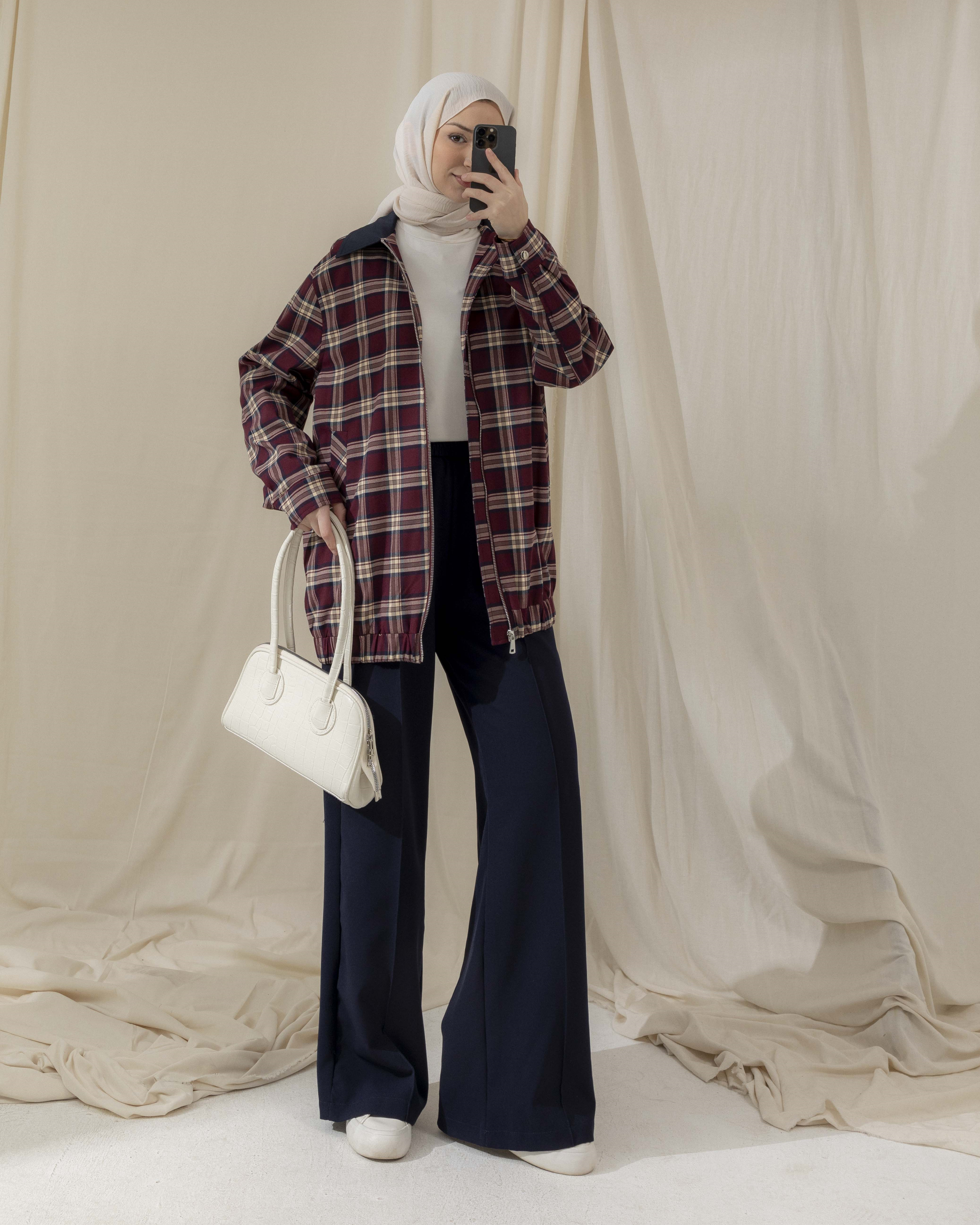 Ekose Desenli Bordo Ceket