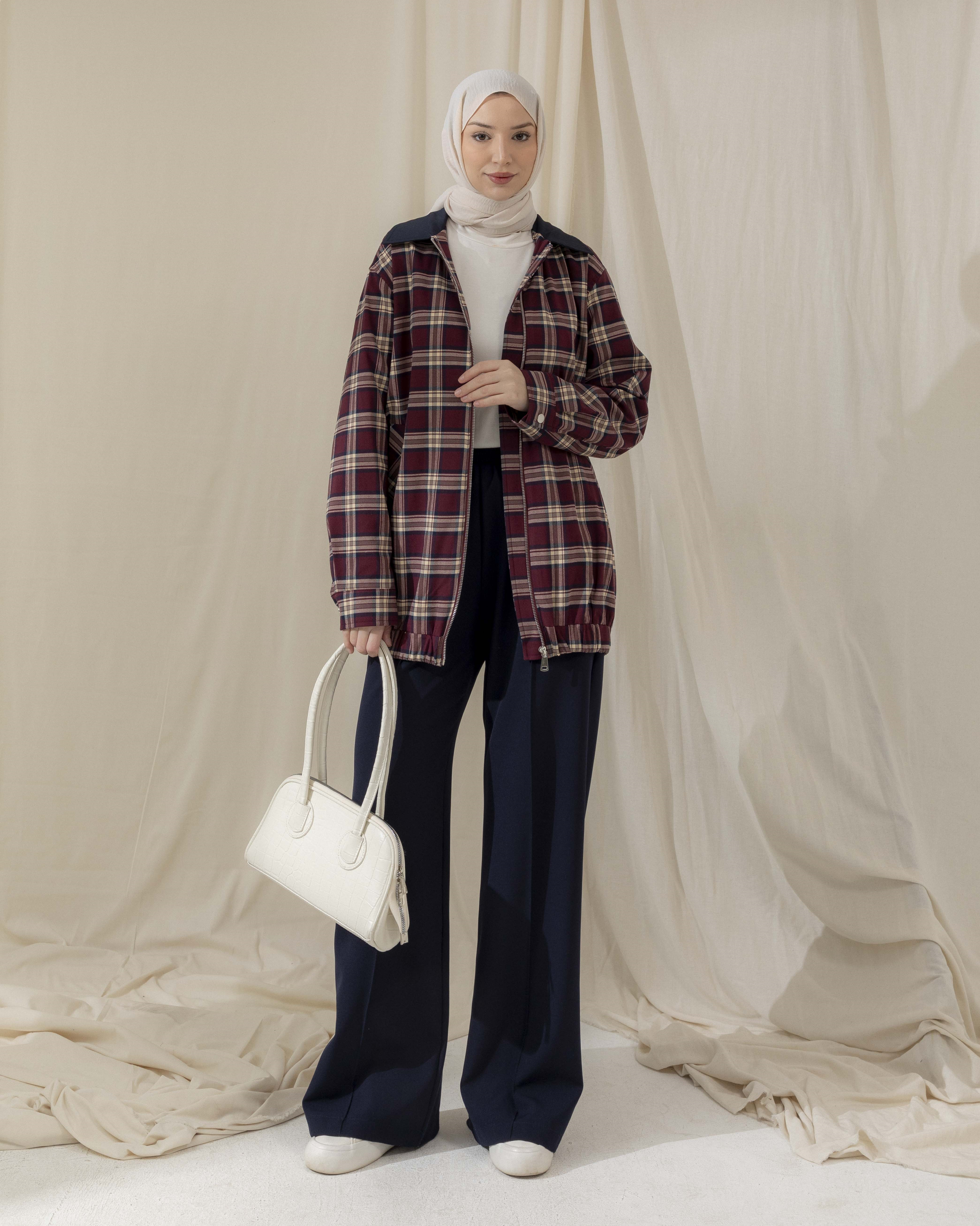 Ekose Desenli Bordo Ceket