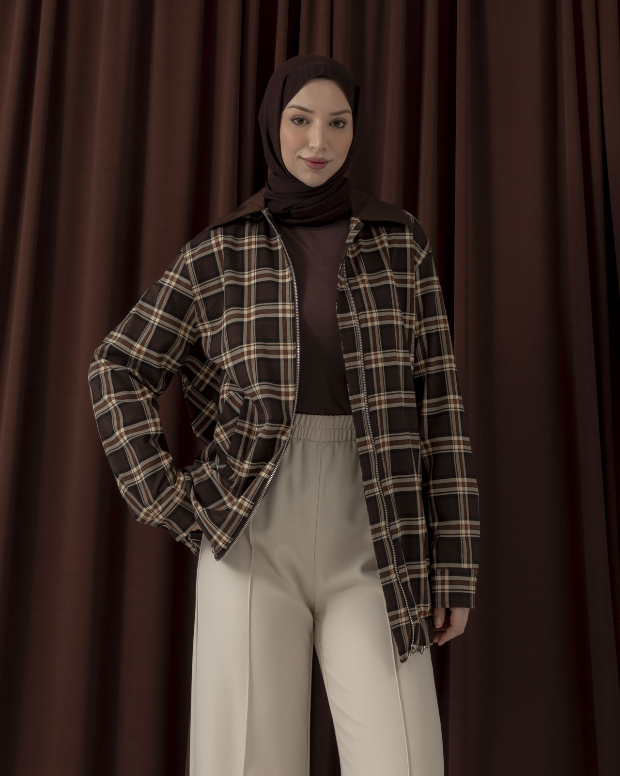 Ekose Desenli Kahve Ceket