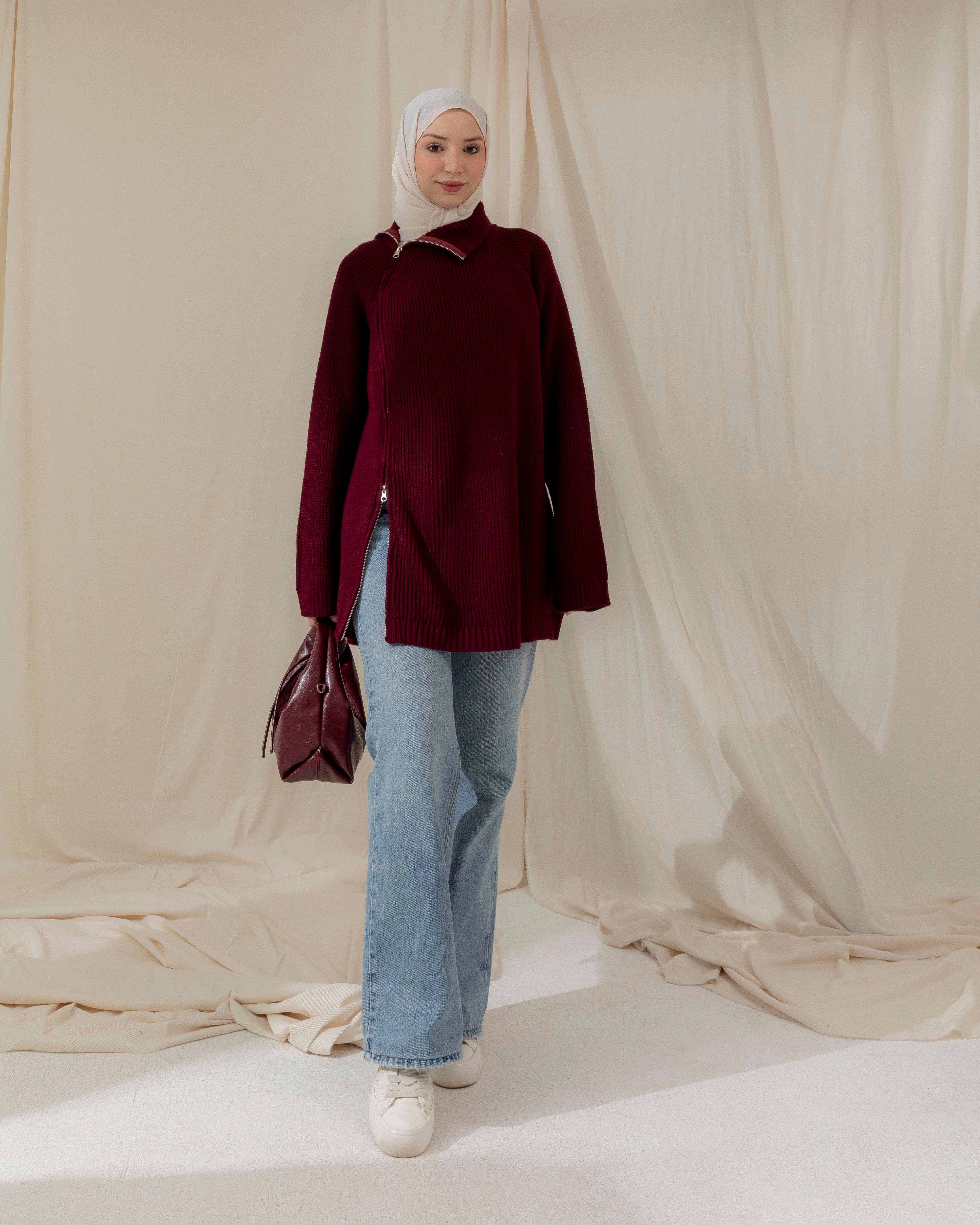 Fermuar Detaylı Bordo Triko Kazak