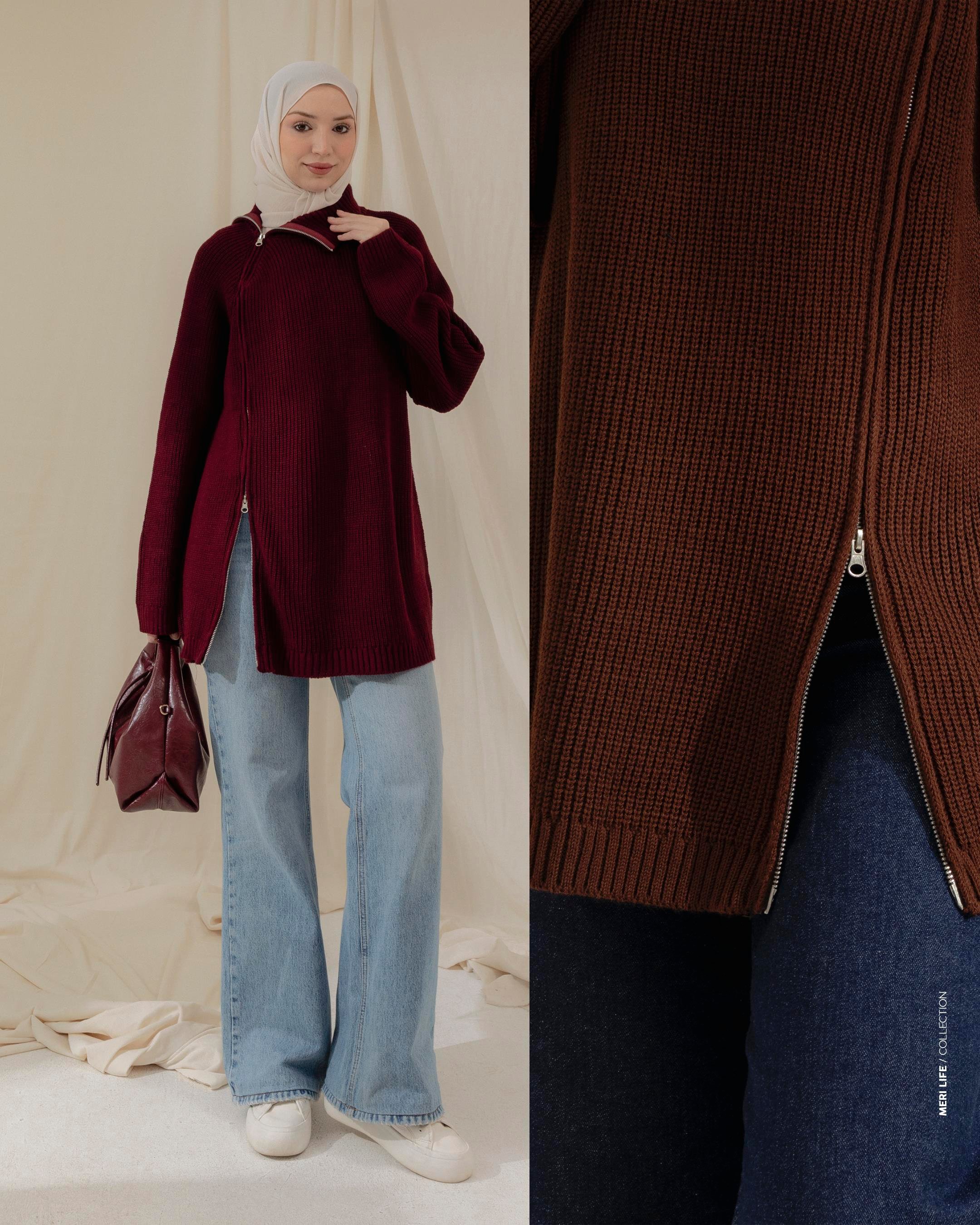 Fermuar Detaylı Bordo Triko Kazak