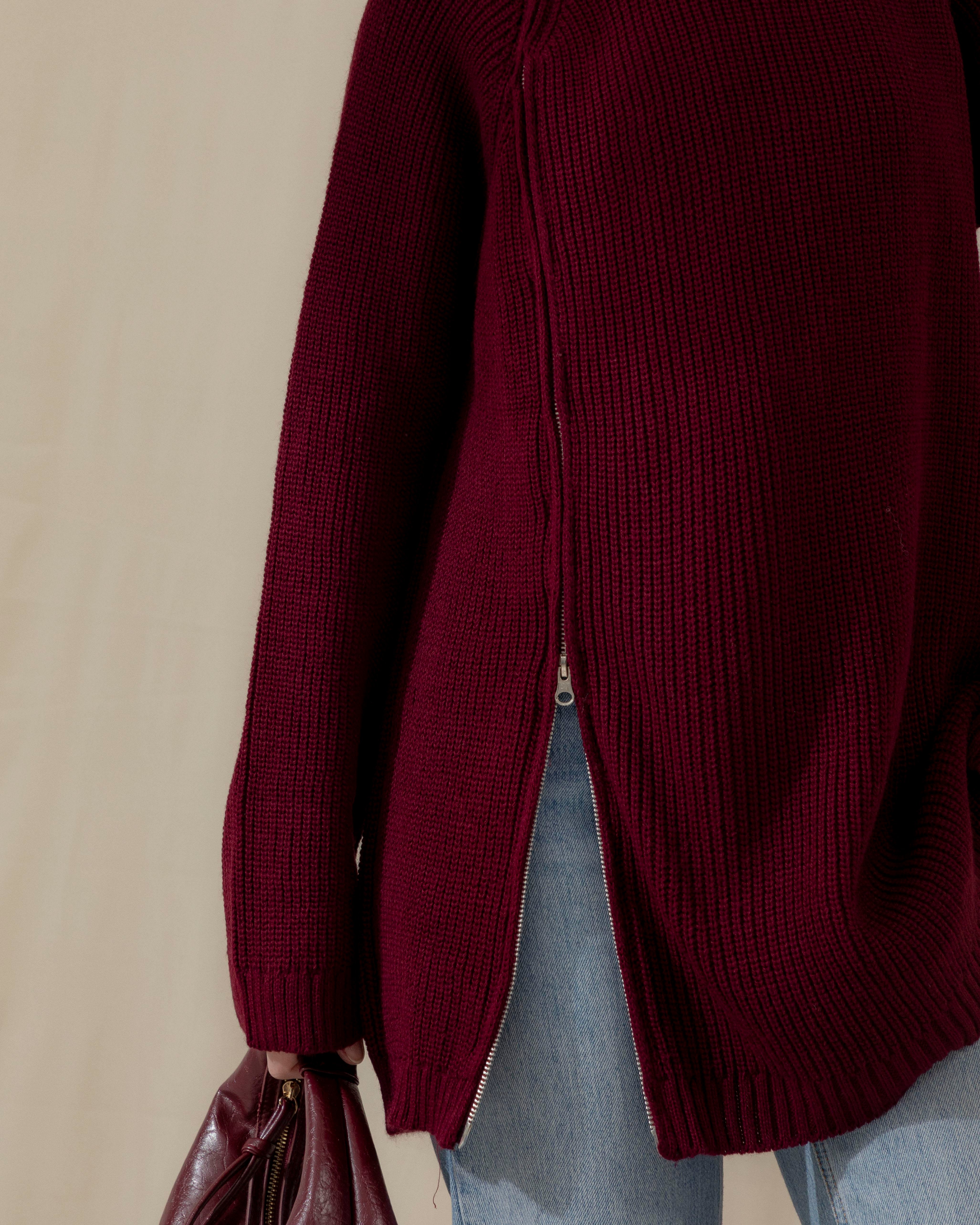 Fermuar Detaylı Bordo Triko Kazak