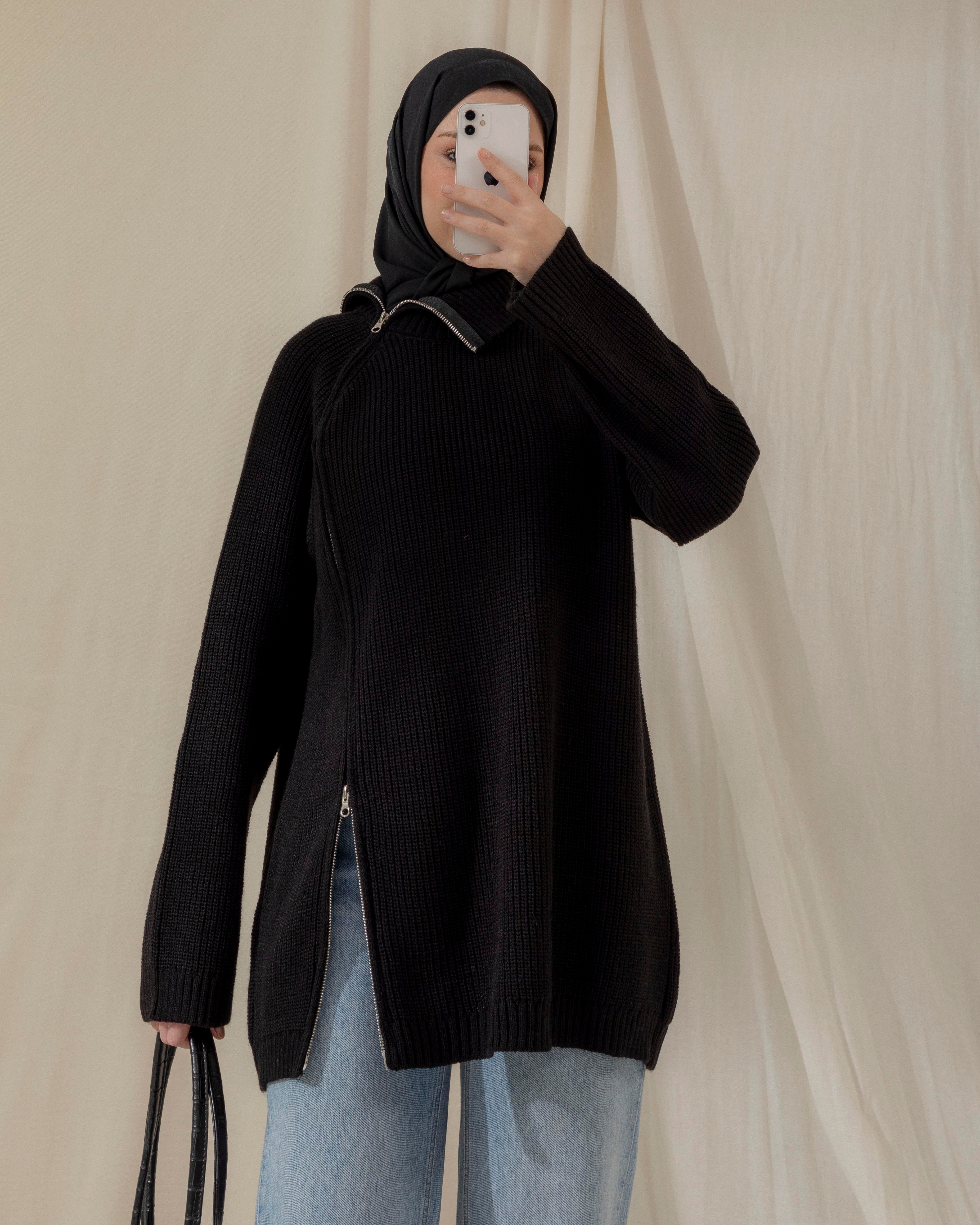 Fermuar Detaylı Siyah Triko Kazak